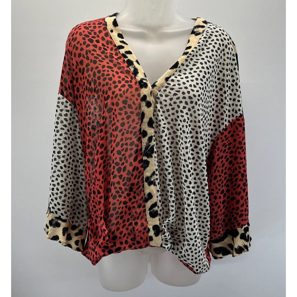 Umgee Oversized Mixed Animal Print Ruffle Split Sleeve Wrap Sheer Surplice Top S