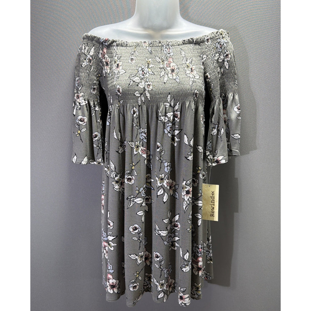 Rewind Mini Dress Floral Off The Shoulder Bell Sleeve Stretch Size XS New