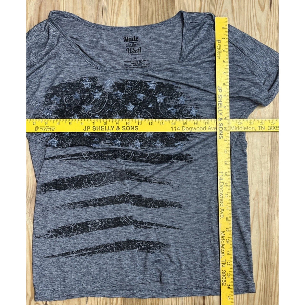 GREEN SOURCE AMERICANA AMERICAN FLAG Heather Blue T-SHIRT WOMEN'S L