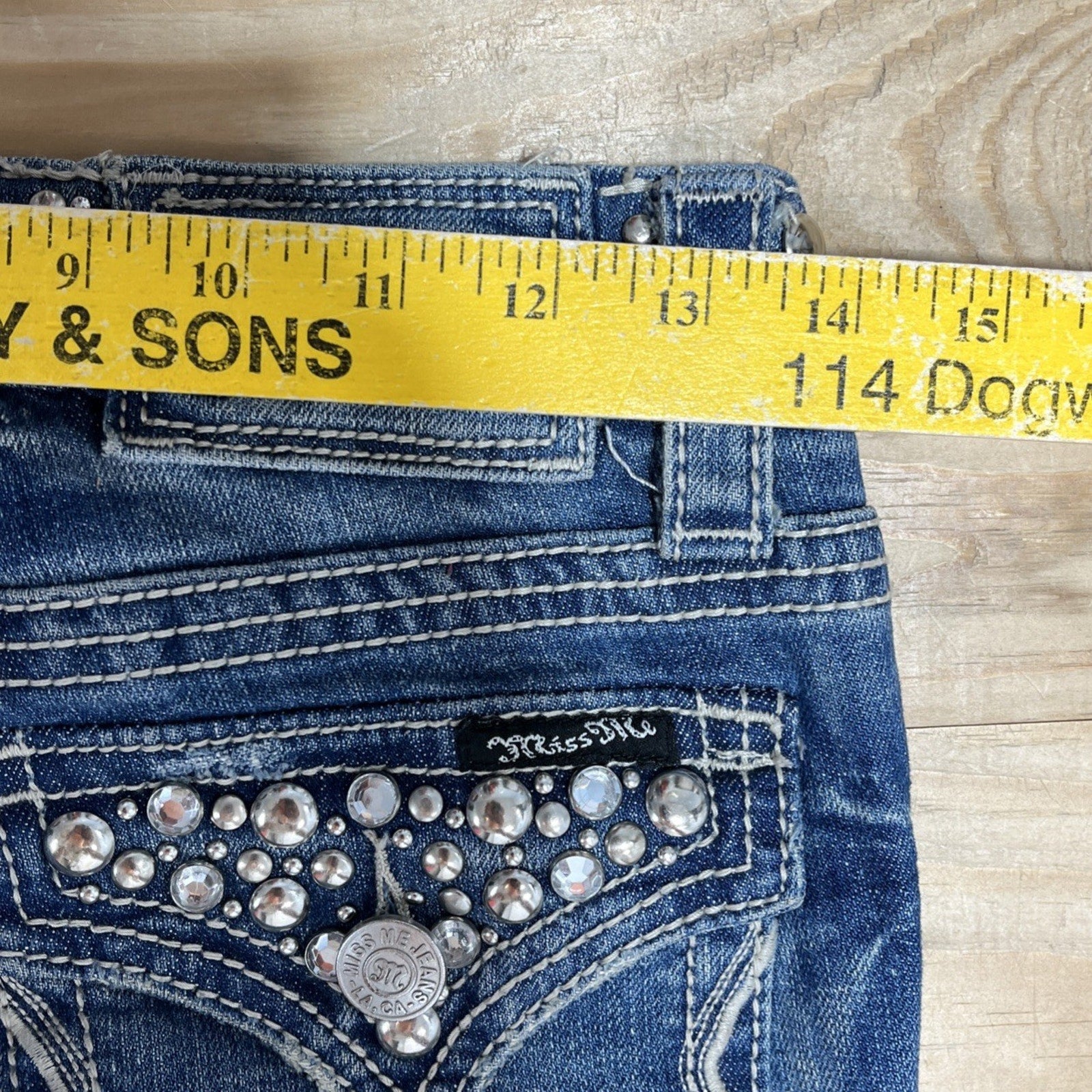 Miss Me Low Rise Bootcut women's jeans, size 26, embellished medium wash blue
