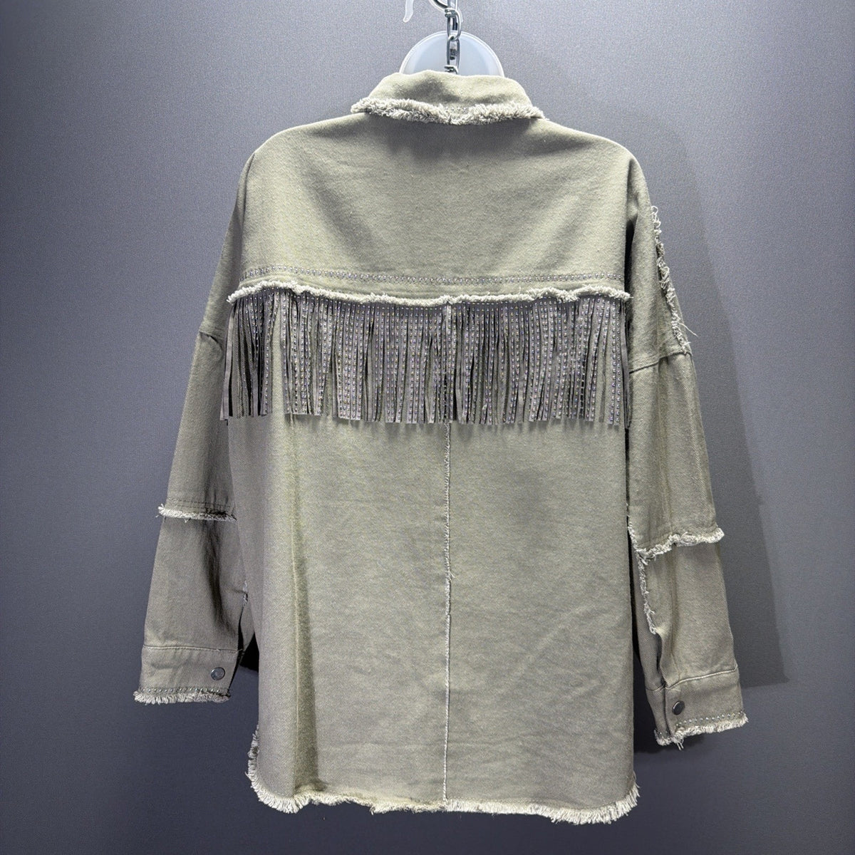 Blue B Womens Studded Fringe, Oversized, Denim Jacket Size Large