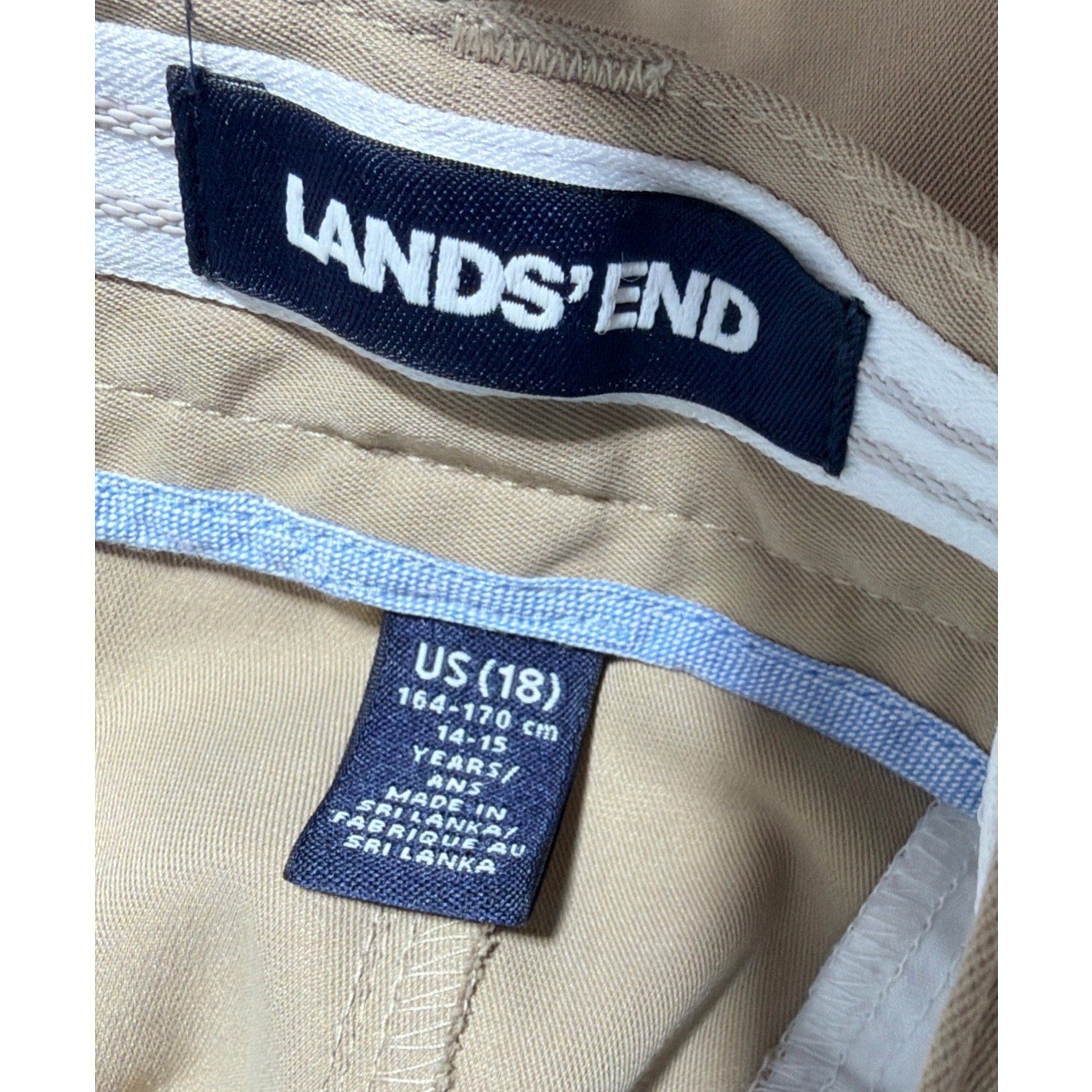 Lands End School Uniform Flat Front Zip Pocket Khaki Adj Waist Shorts Boys 14-15