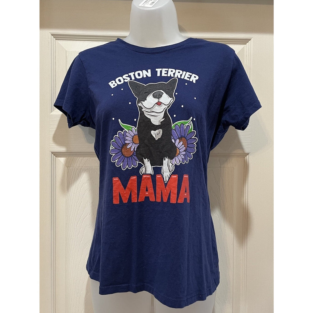 Port And Company Boston Terrier Momma Blue T-Shirt Women's Size Small Flower Dog