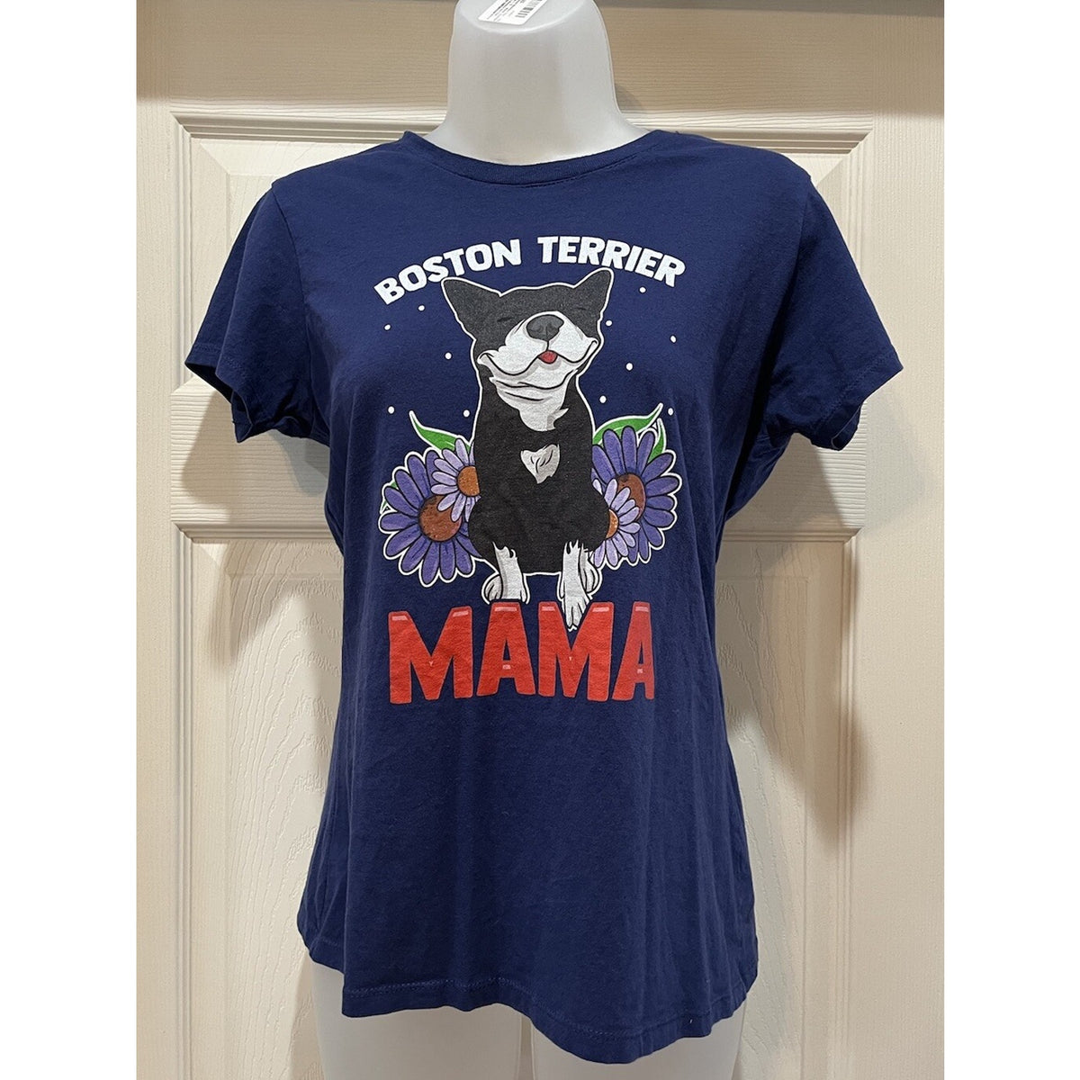 Port And Company Boston Terrier Momma Blue T-Shirt Women's Size Small Flower Dog