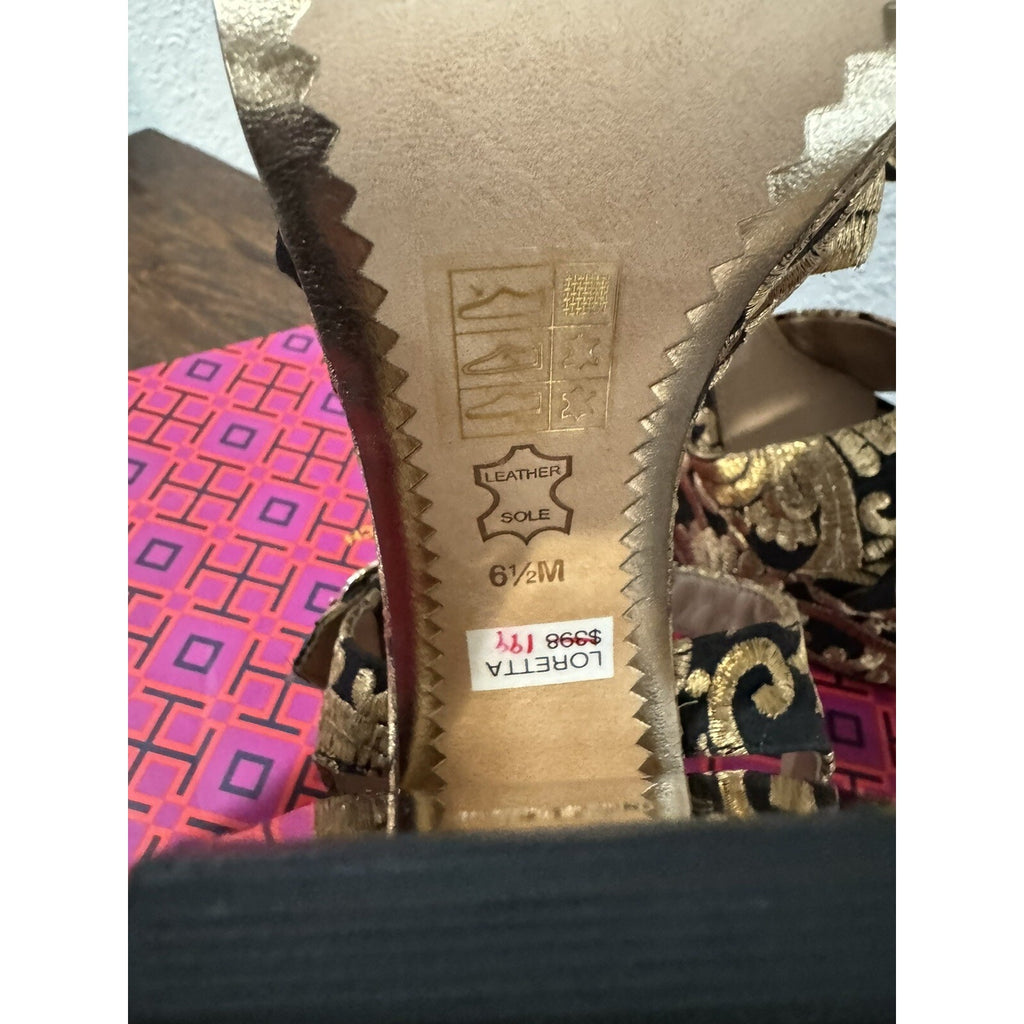 Tory Burch Loretta Embroidered Platform Sandals Black/gold 6.5 NWB