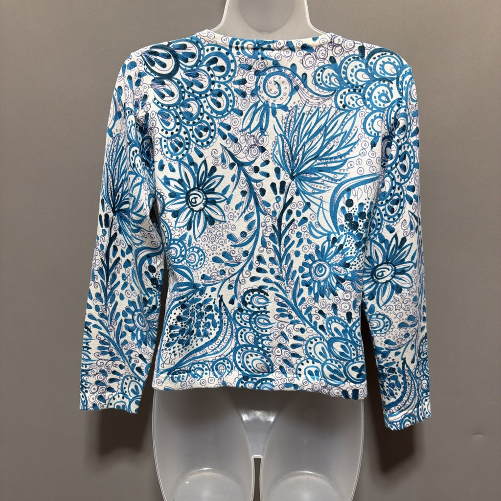 Talbots Size S Petite Blue White Flowers Button Up Cardigan Stretch Cotton Vtg