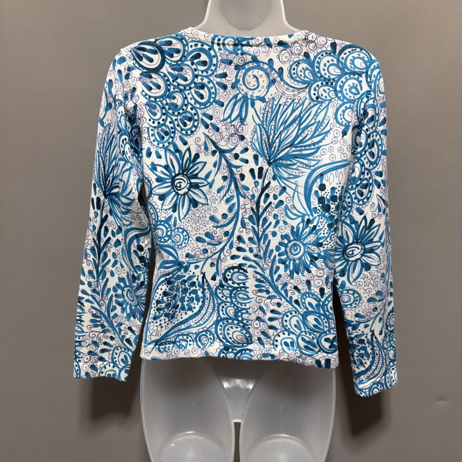 Talbots Size S Petite Blue White Flowers Button Up Cardigan Stretch Cotton Vtg