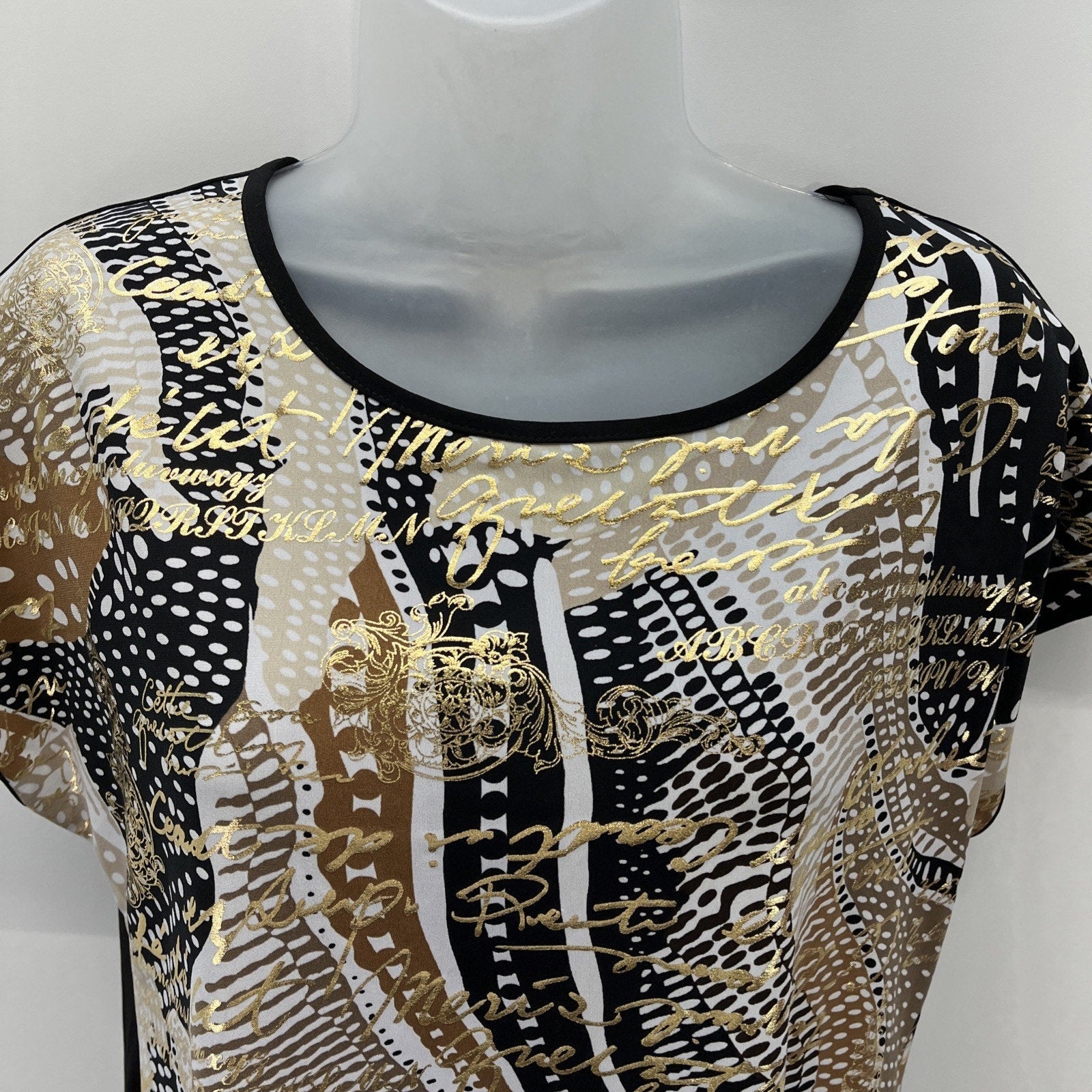 ALLISON DALEY Womens Size Petite Small Black Gold Script Shiny Dressy Top