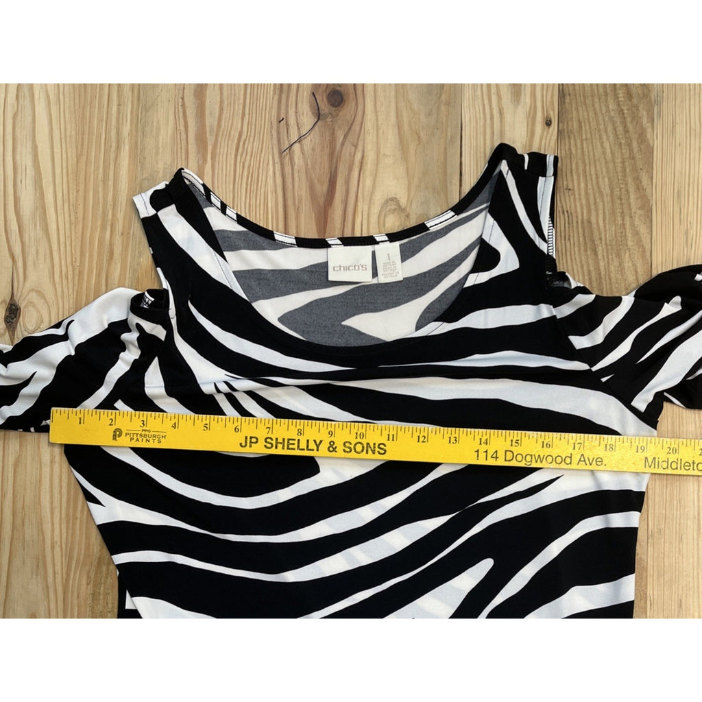 Chicos Dress Women's 1 M Black White Zebra Print Maxi Cold Shoulder Casual