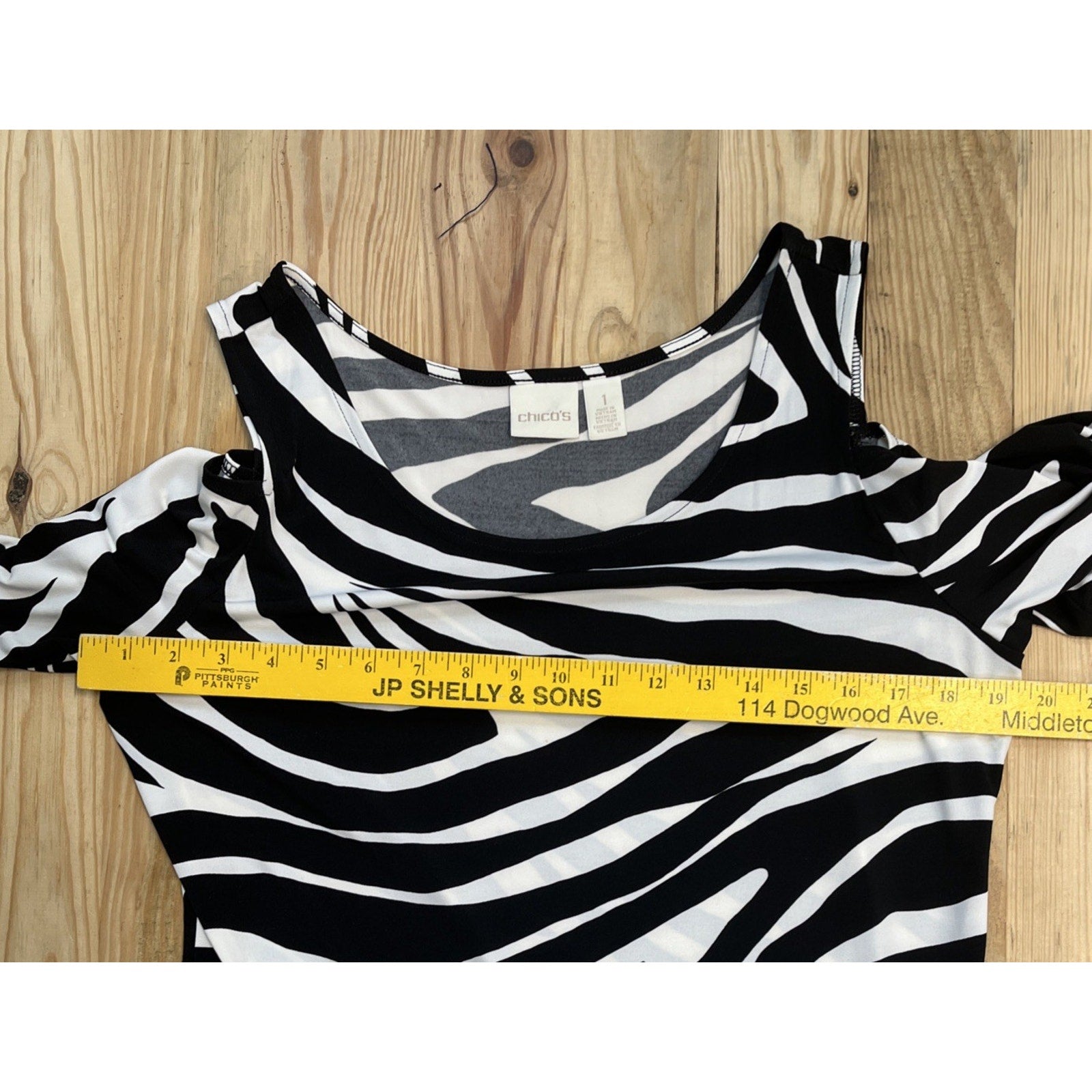 Chicos Dress Women's 1 M Black White Zebra Print Maxi Cold Shoulder Casual