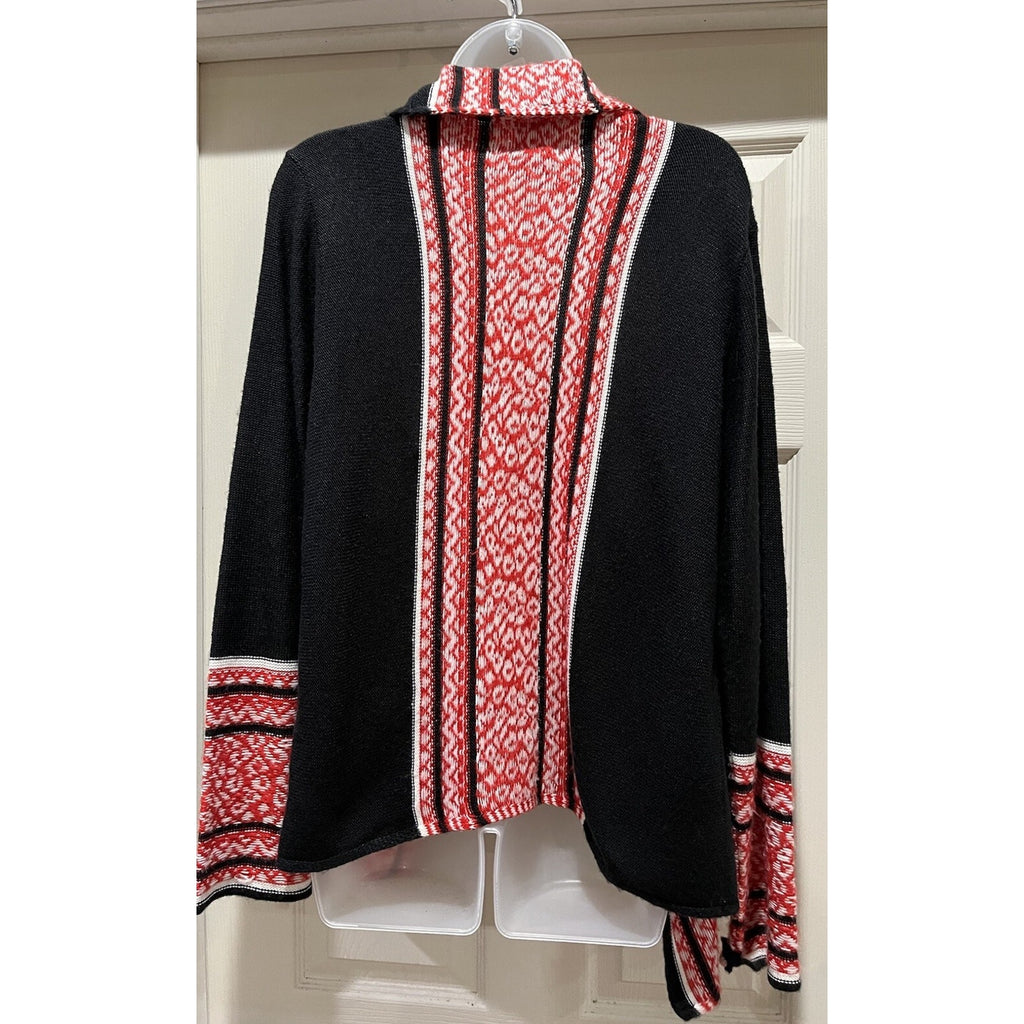 Ruby Rd Women’s Medium Open Front Cardigan Sweater Black Red USA Made Boho