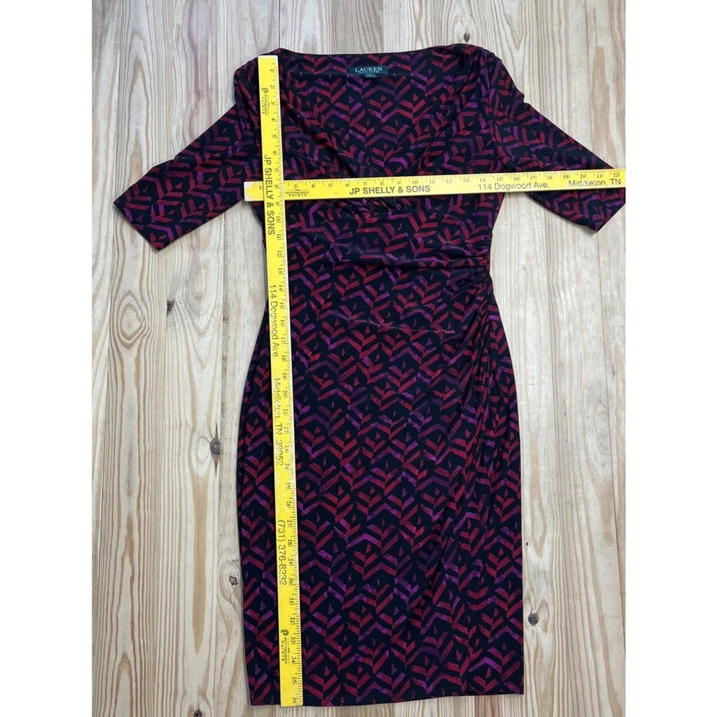 Lauren Ralph Lauren Womens Faux Wrap Dress Size 2 Geometric Red Black Ruched