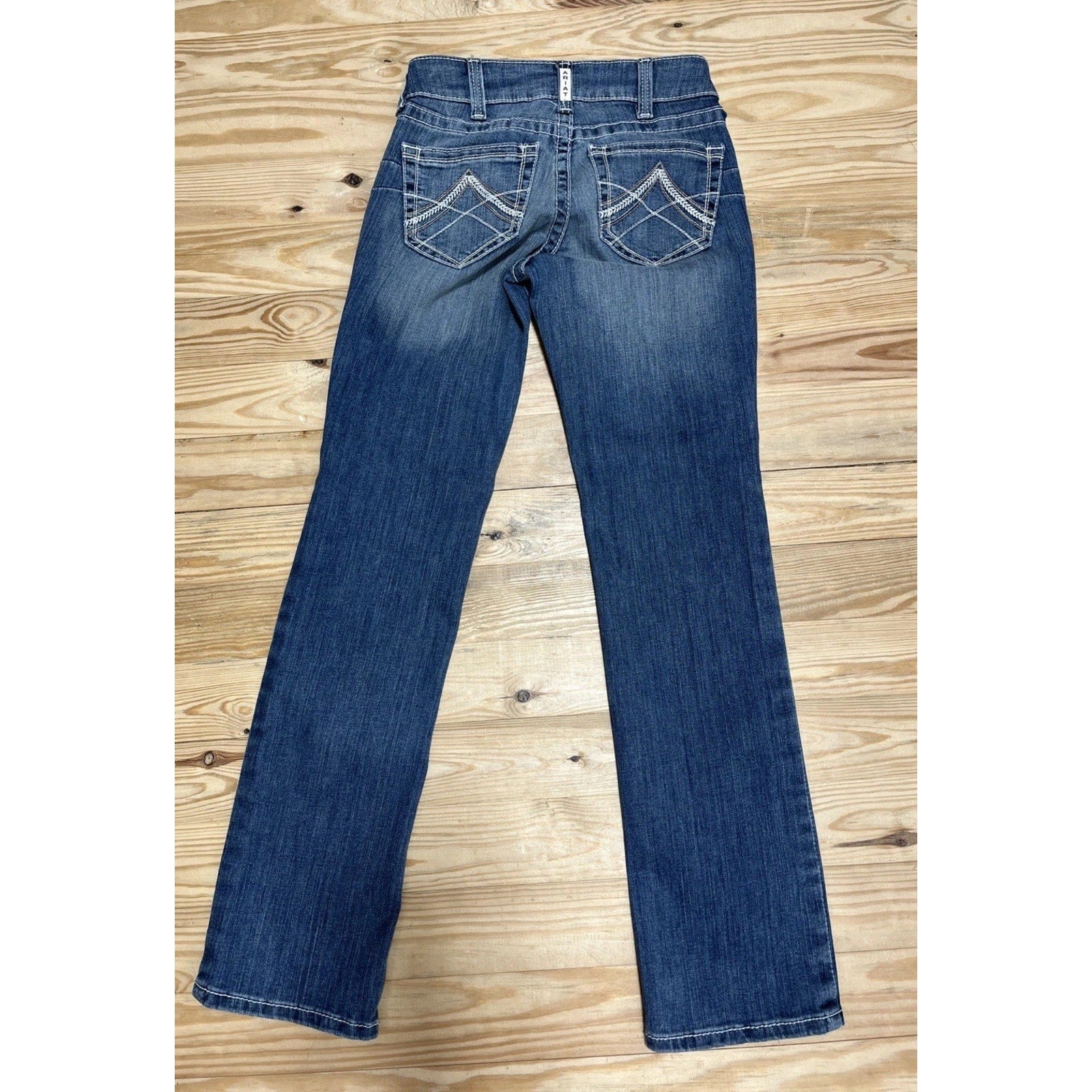 Ariat Real Embroidered Blue Denim Whiskered Western Straight Jeans Women's 25S