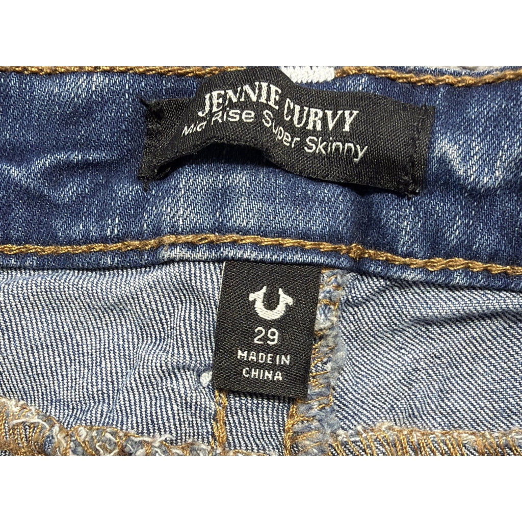 True Religion Jennie Curvy Mid Rise Super Skinny Flap Blue Jeans Crinkle Size 29