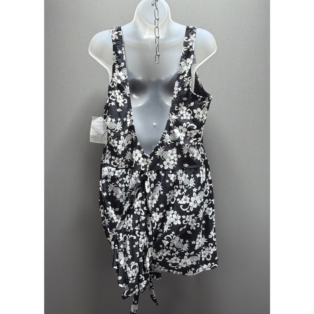 Blair Swimsuit 24W One Pc Romper Black White Tie Waist Built In Bra Brief NWT