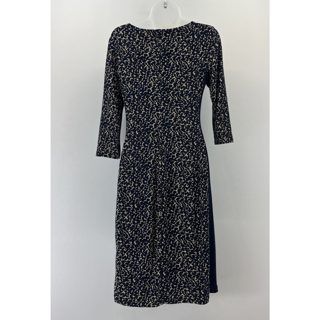 RALPH LAUREN Navy Blue Lined Ecru Dress Sz 2 Slimming Side Panels Ruched Detail