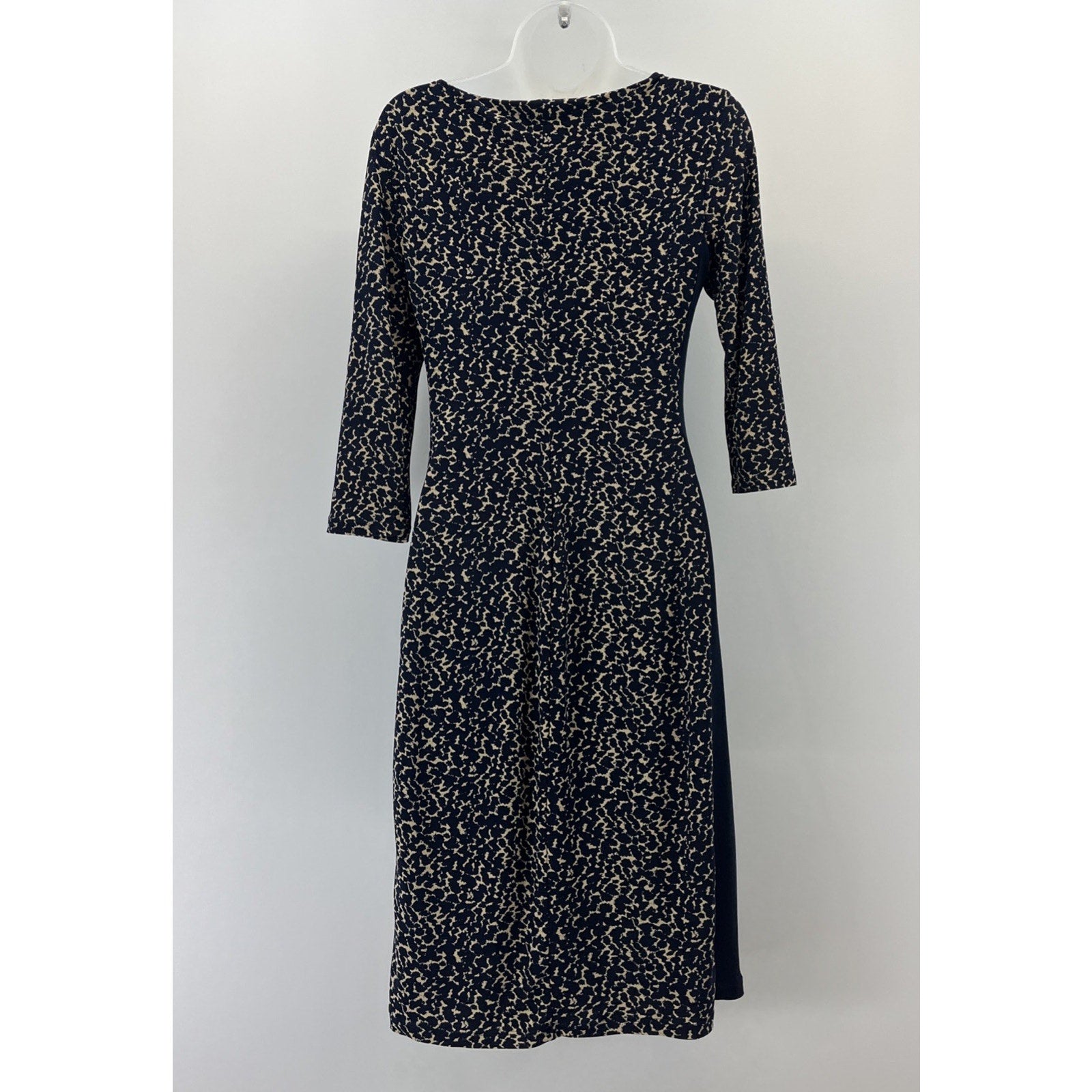 RALPH LAUREN Navy Blue Lined Ecru Dress Sz 2 Slimming Side Panels Ruched Detail