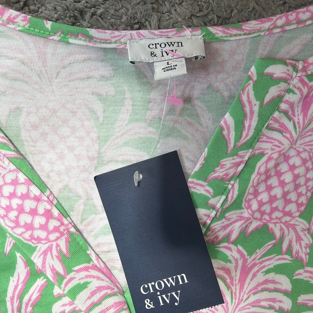 Crown & Ivy Pineapple Print Smock V-Neck Short Sleeve Top Womens L NWT