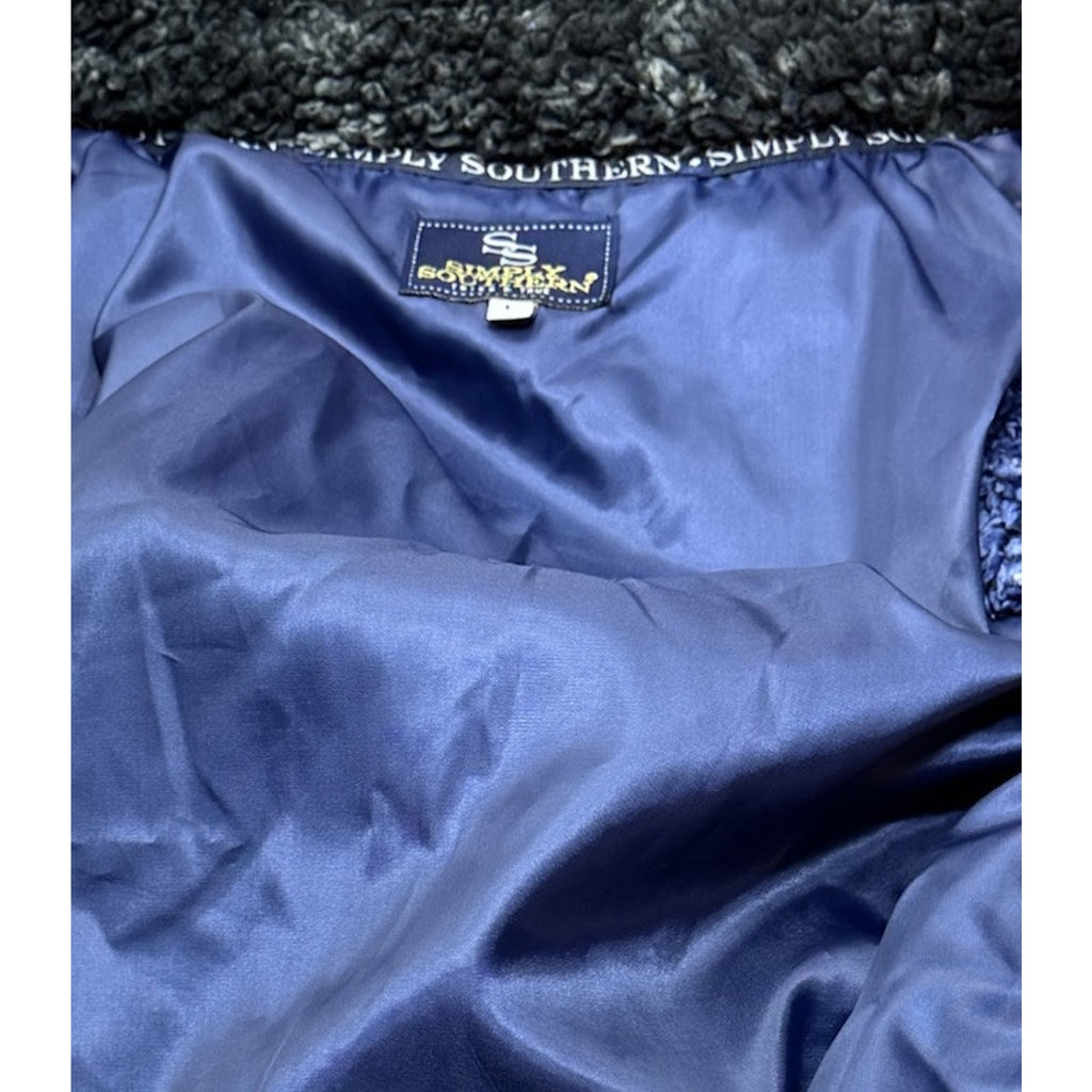 Simply Southern Vest Women's L Blue Black Faux Fur Full Zip Pockets Sleeveless