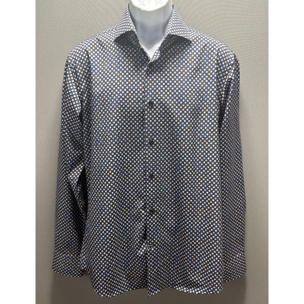 LUGANO Switzerland Multi Color Dot Print Button Down Dress Shirt Stretch Size L