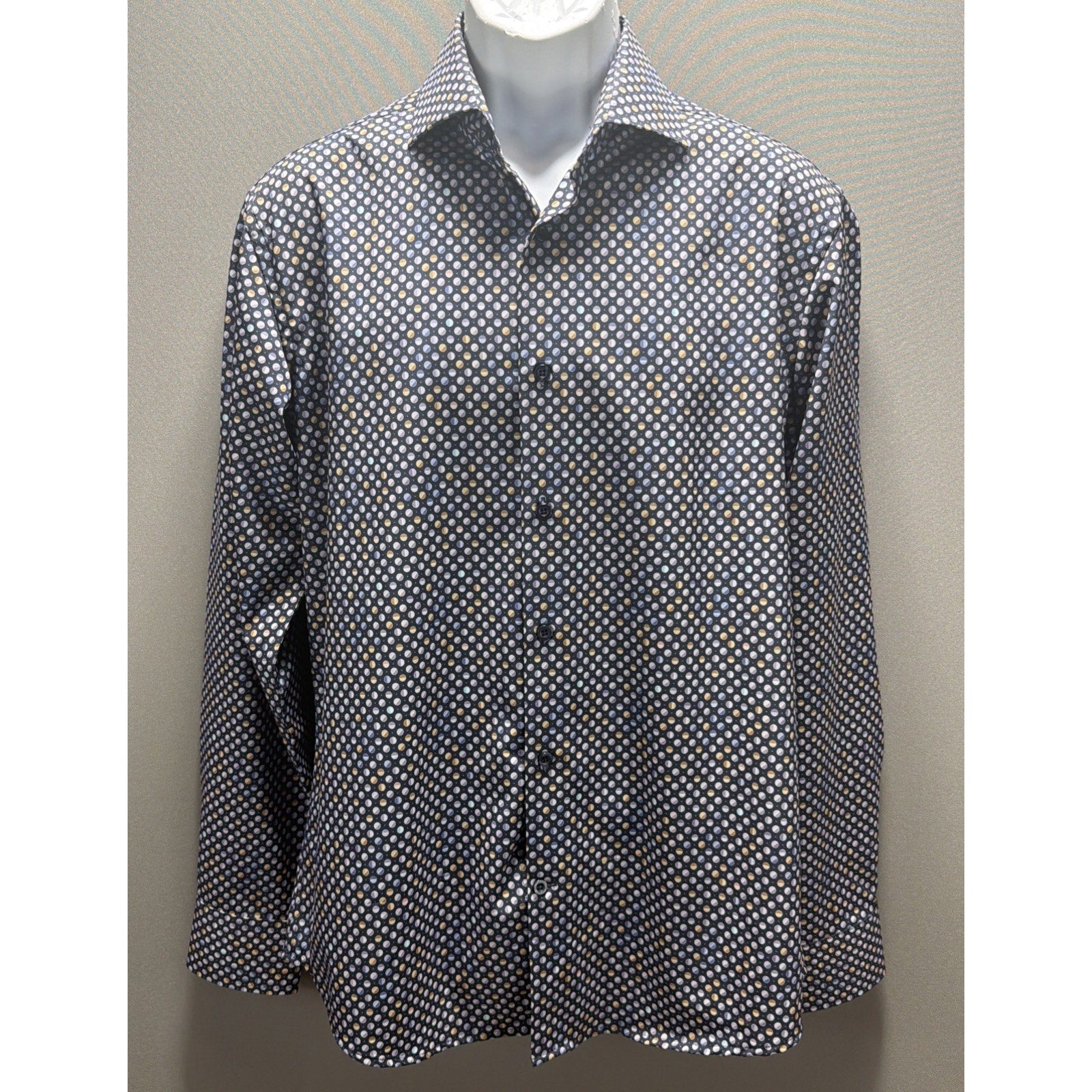 LUGANO Switzerland Multi Color Dot Print Button Down Dress Shirt Stretch Size L