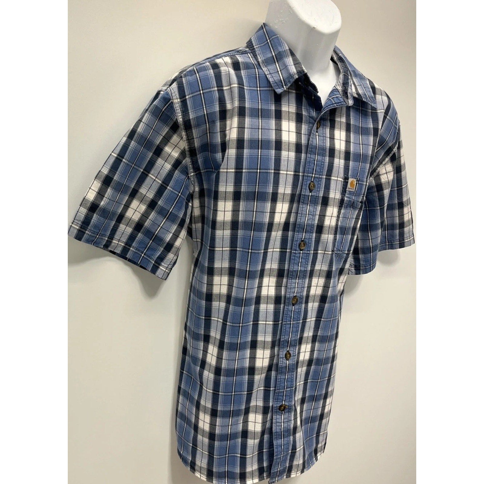 Carhartt Blue Relaxed Fit Plaid Short Sleeve Button Up Men's Size XL
