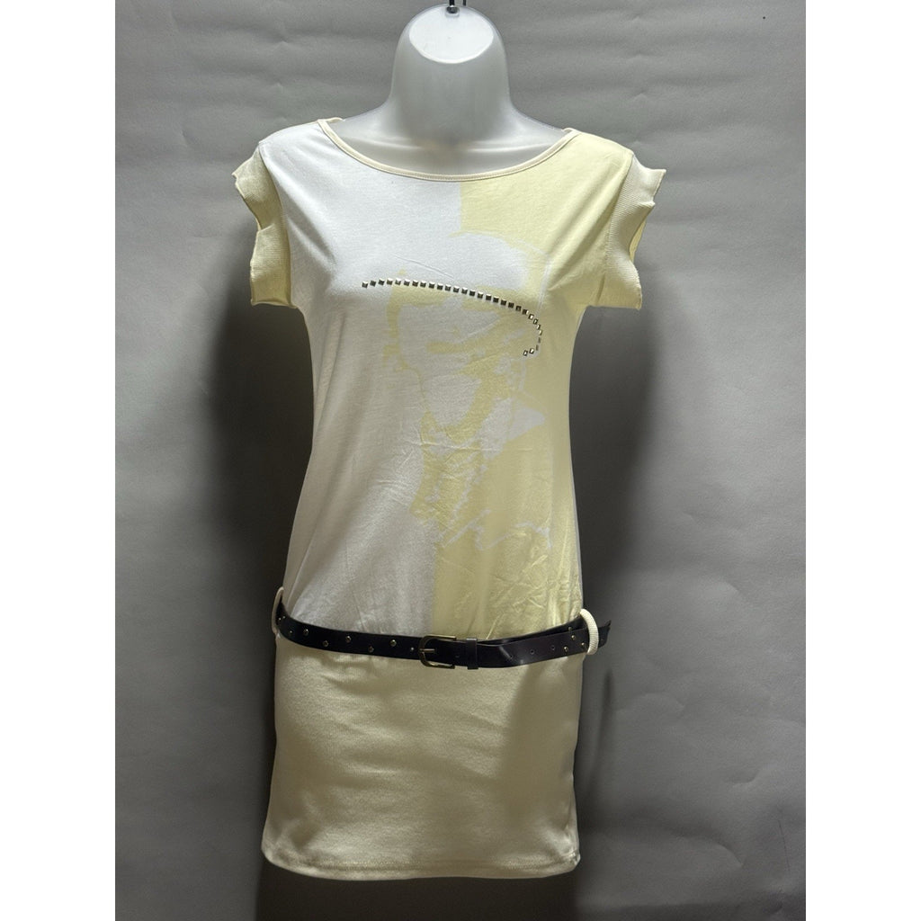 NWT Paradis Miss Womens Small Yellow White Studded Belted Mini Dress Cotton