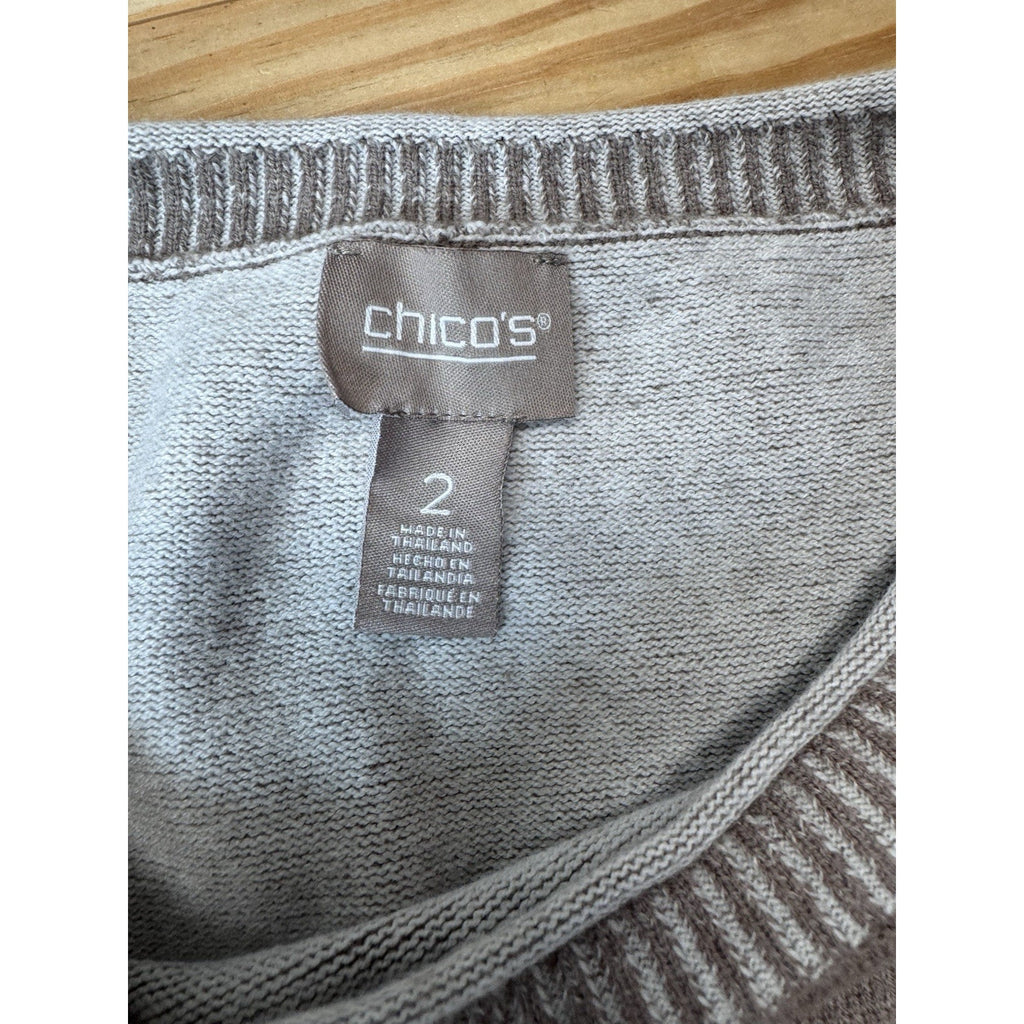 Chico's Womens 2 (12) Long Sleeve Stretch Knit Sweater Taupe Tan Cable Knit Hem