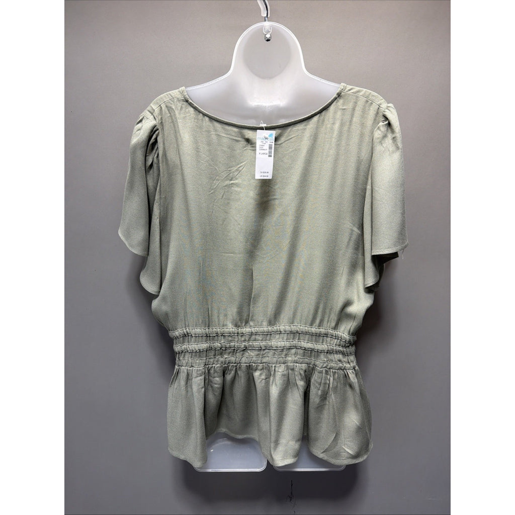 Maurices Top Womens XL Green V-Neck Peplum Tie Waist Boho Peasant