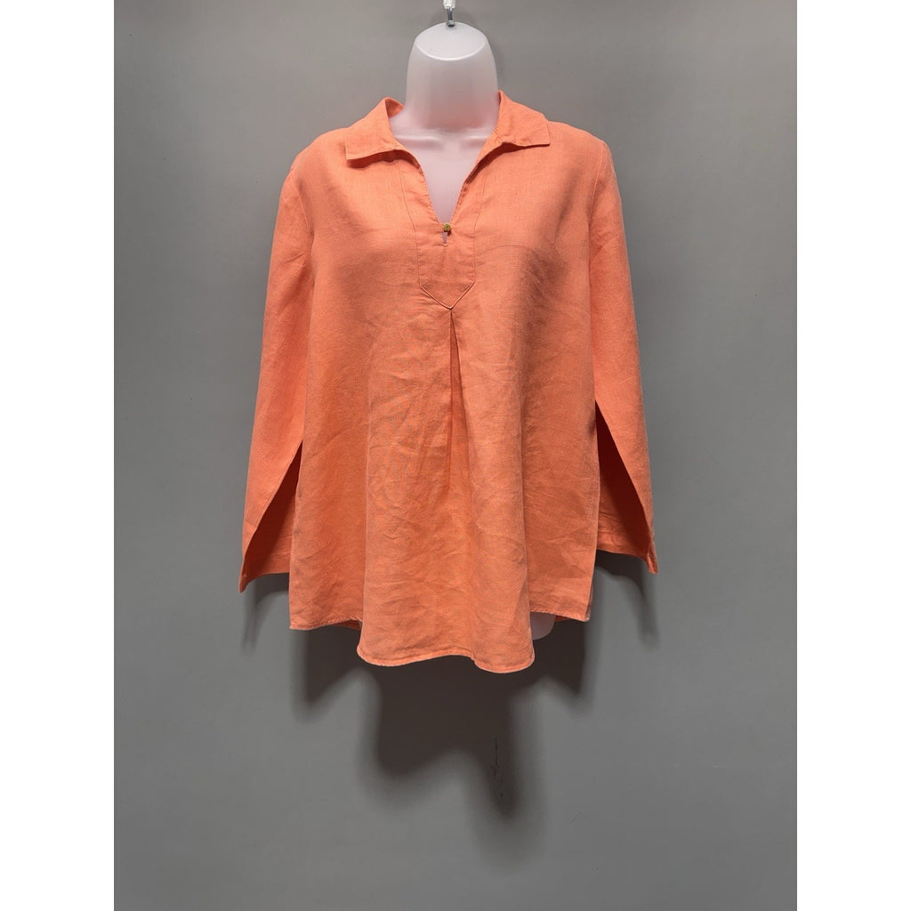 Ellen Tracy 100% Linen Blouse Womens M Coral Orange Tunic Popover 3/4 Sl