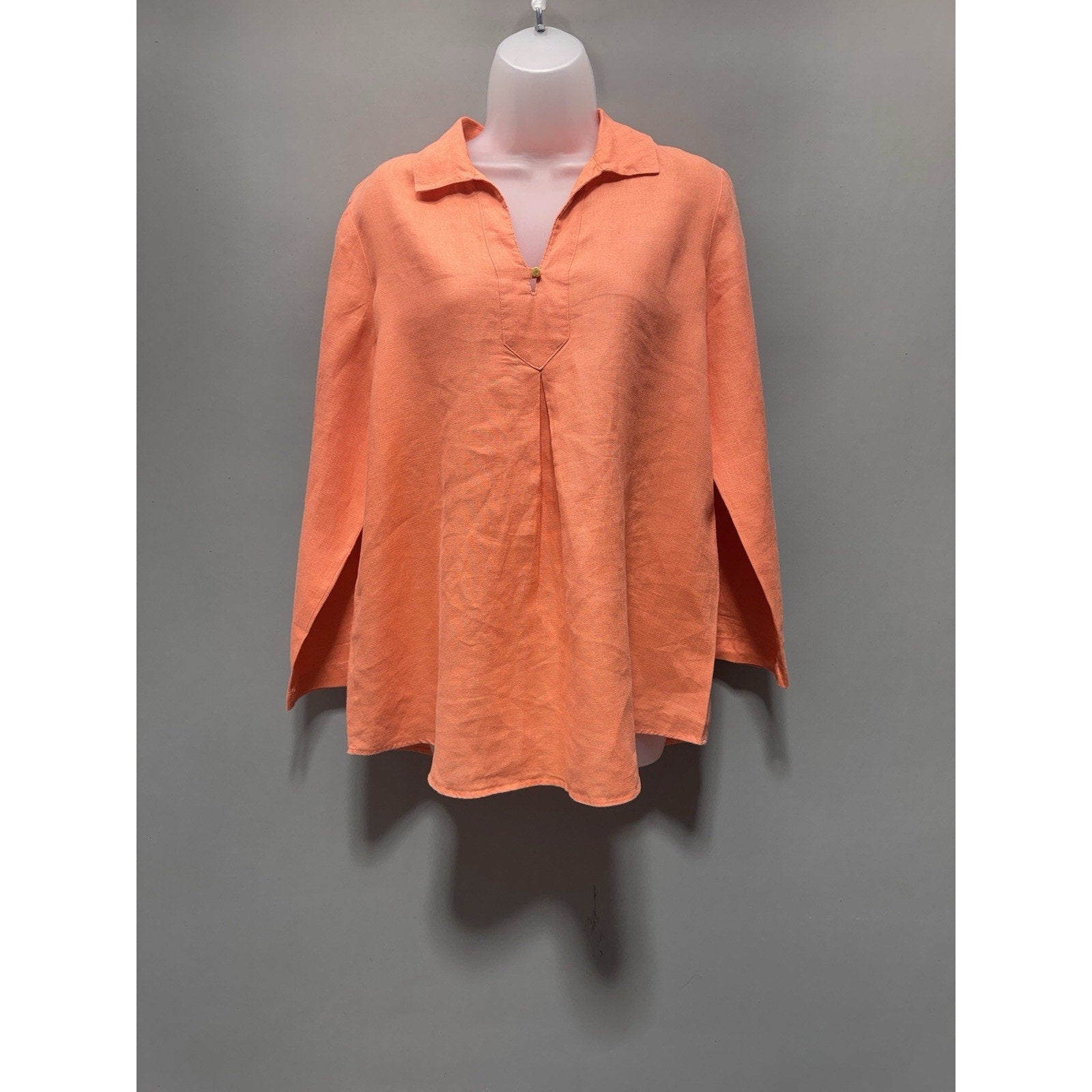 Ellen Tracy 100% Linen Blouse Womens M Coral Orange Tunic Popover 3/4 Sl