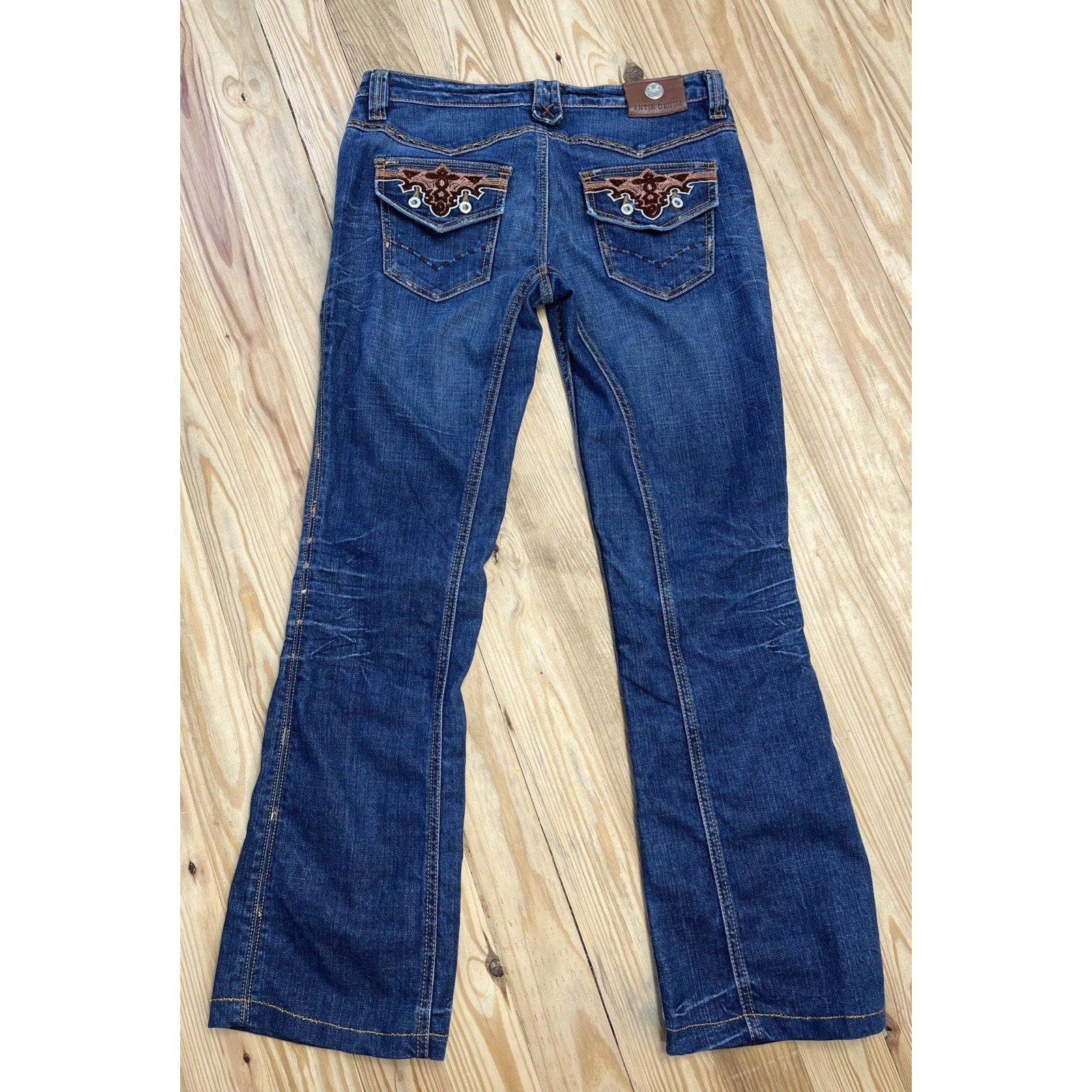 Antik Denim Women size 31 Distressed Bell Bottom Blue Jeans Stitching Southwest