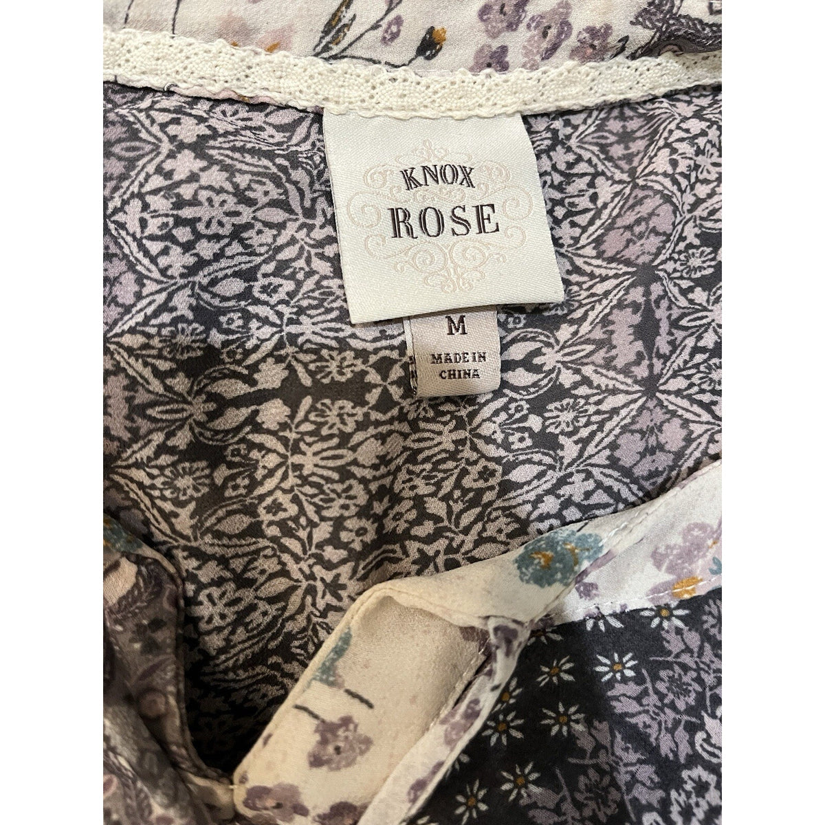 Knox Rose Semi Sheer Boho Top Womens Sz M Purple Floral Bishop Sleeve Tassel
