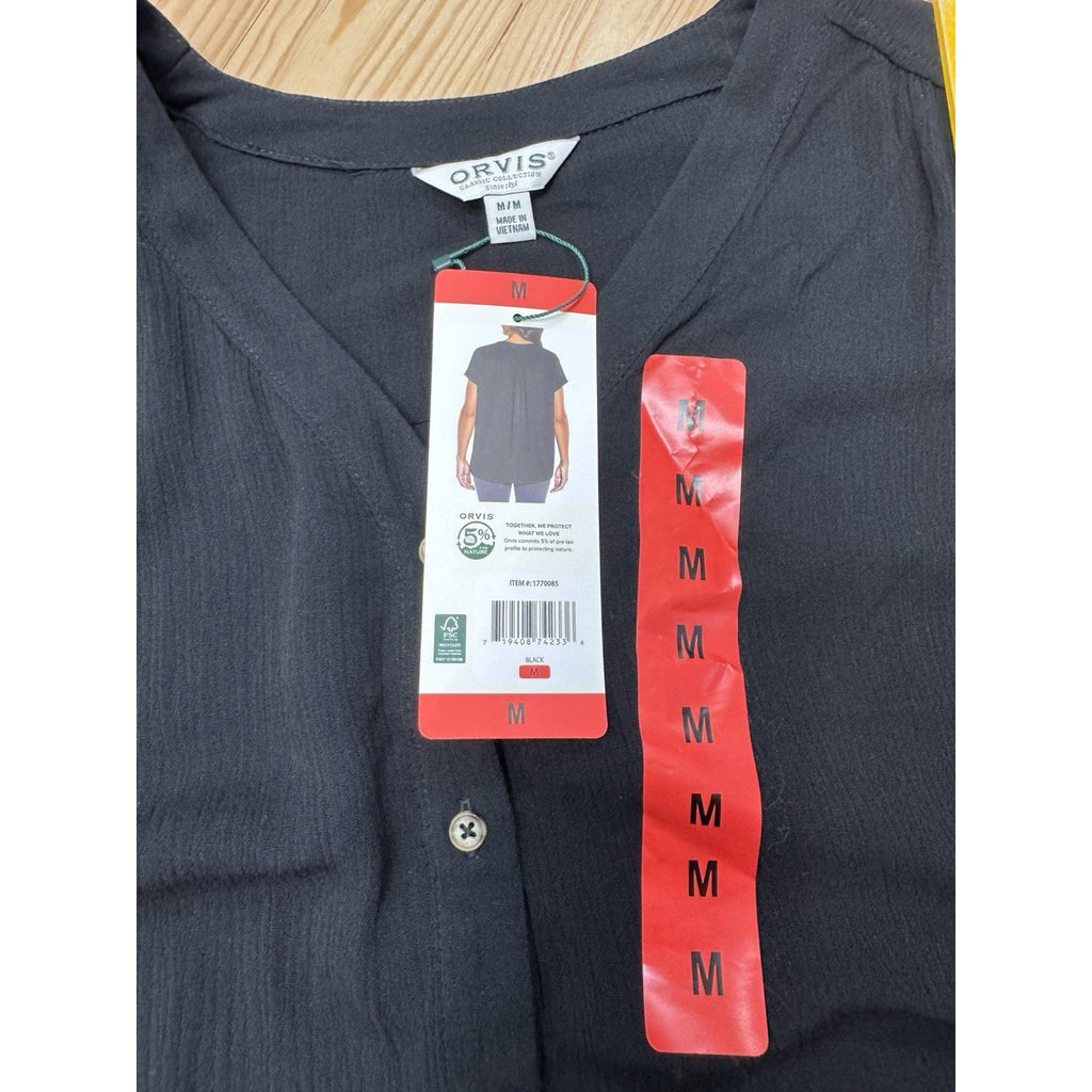 Orvis Short Sleeve Black Rayon Button Front Blouse Women’s Size Medium