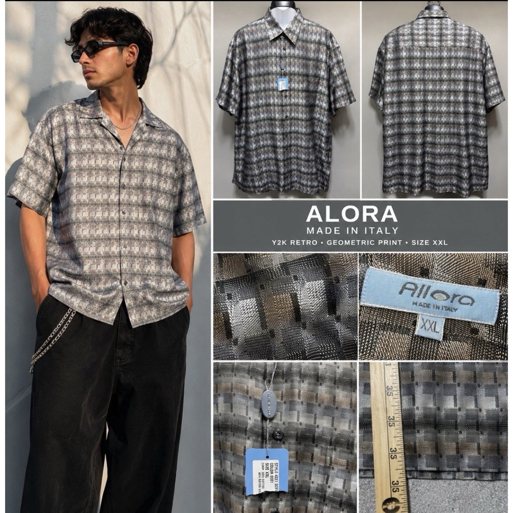 Alora Made In Italy Men’s XXL Geometric Button Front Shirt Gray Tan Retro Y2K