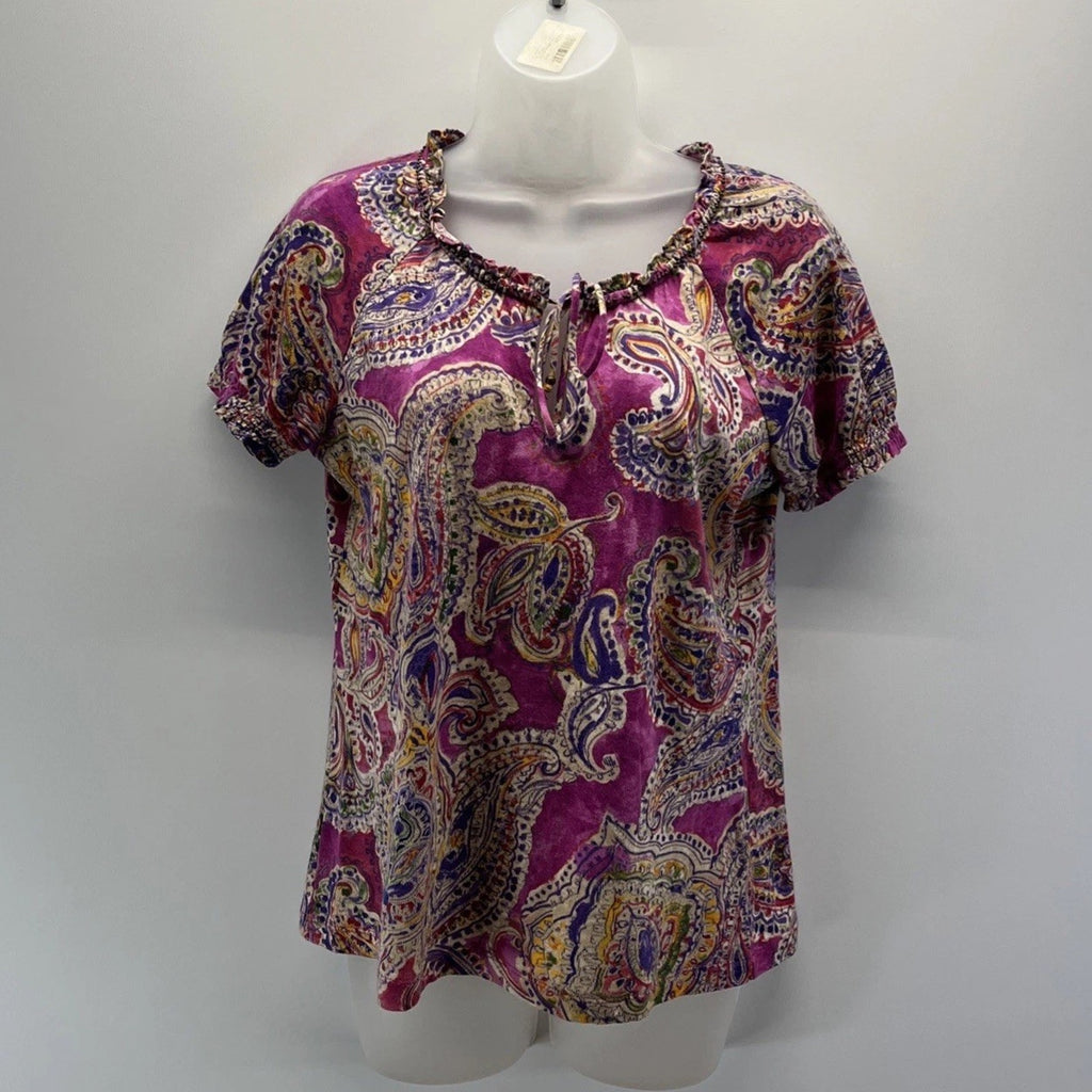 Lauren Ralph Lauren Small Top Blouse Purple Paisley Short Sleeve Tie Neck M