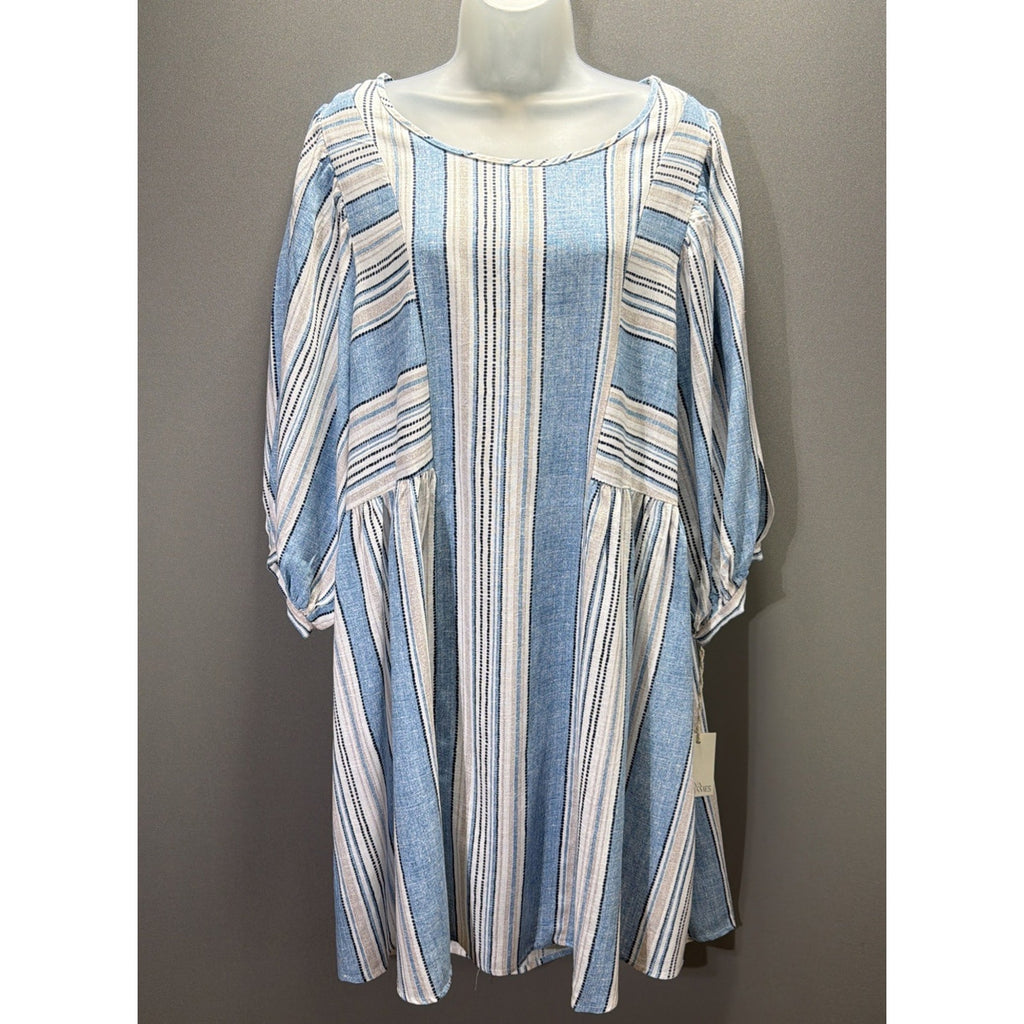 Ava James Plus Size 2X Dress Blue White Striped Linen Blend Balloon Sleeve New