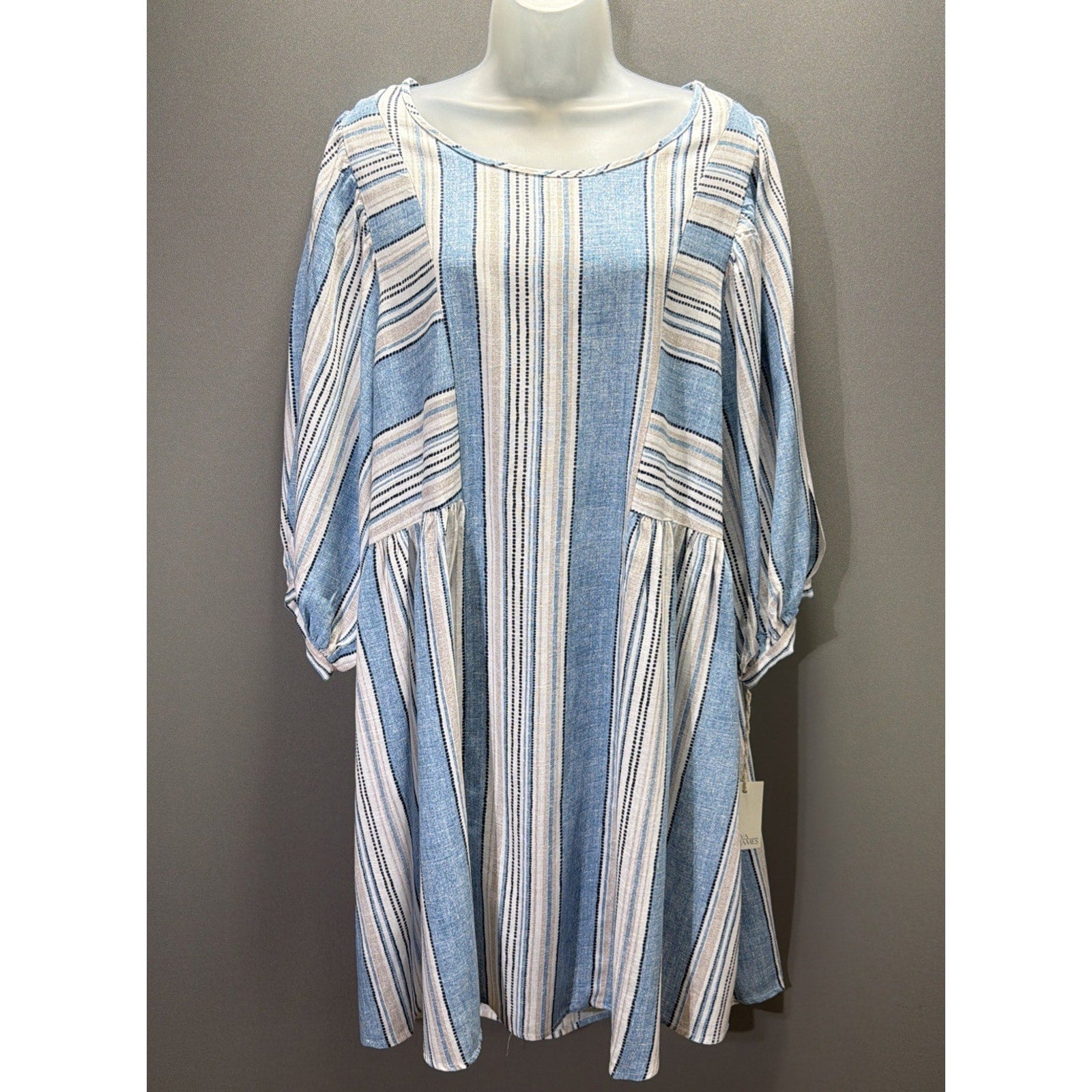 Ava James Plus Size 2X Dress Blue White Striped Linen Blend Balloon Sleeve New