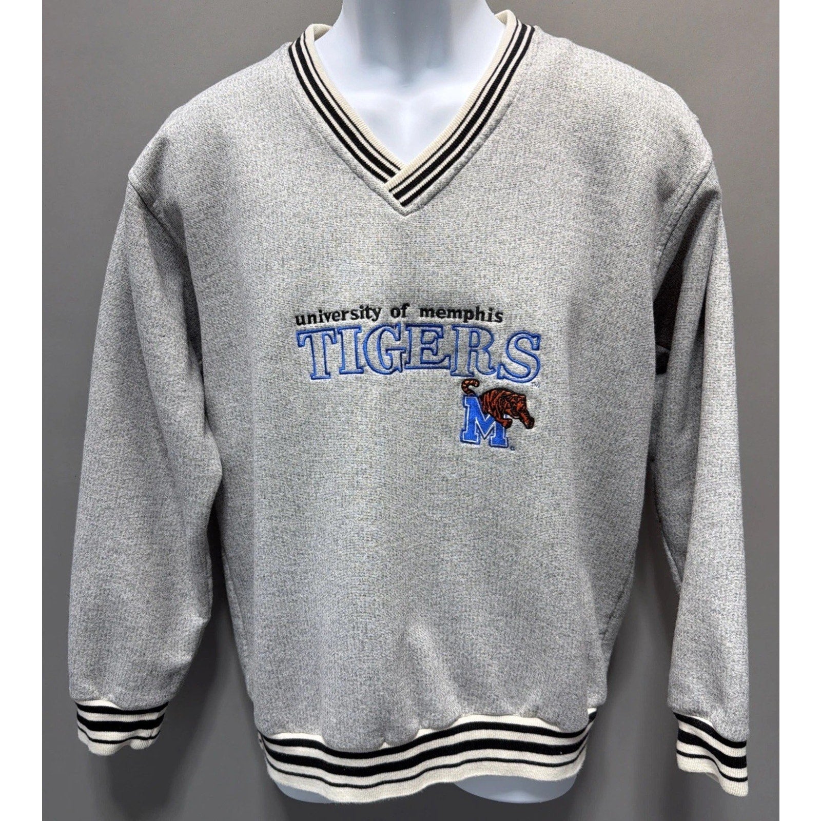 Memphis Tigers Vintage Fleece Sweater V Neck Dynasty Large Gray Embroidered NCAA