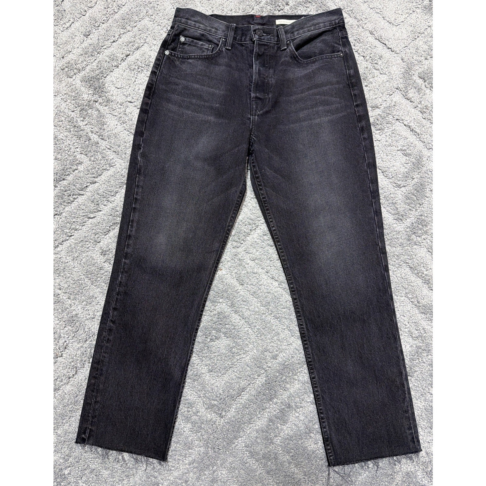 NOEND Straight Cropped Button Fly Jeans Womens 30 Black Denim High Rise Frayed