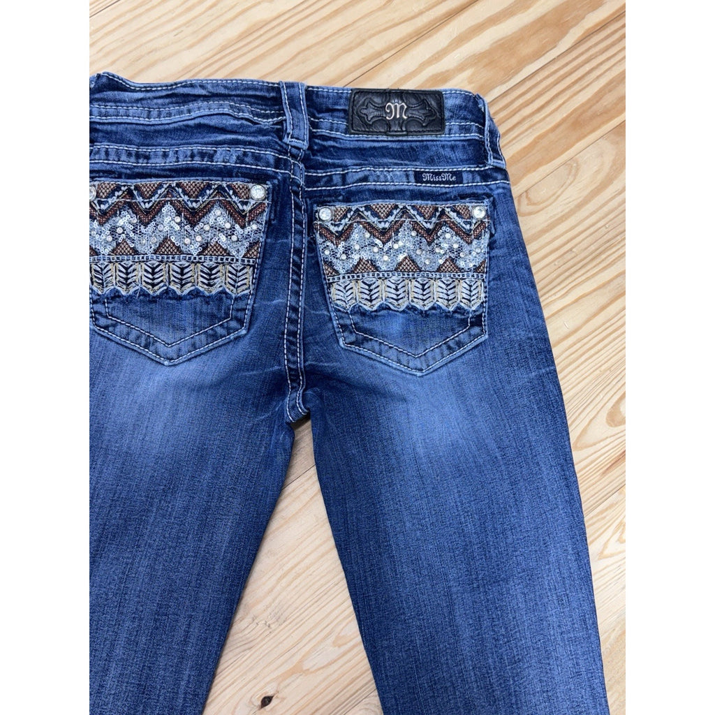 MISS ME MID RISE BOOT CUT EMBROIDERED BLUE DENIM JEAN Zig Zag Women’s Size 26