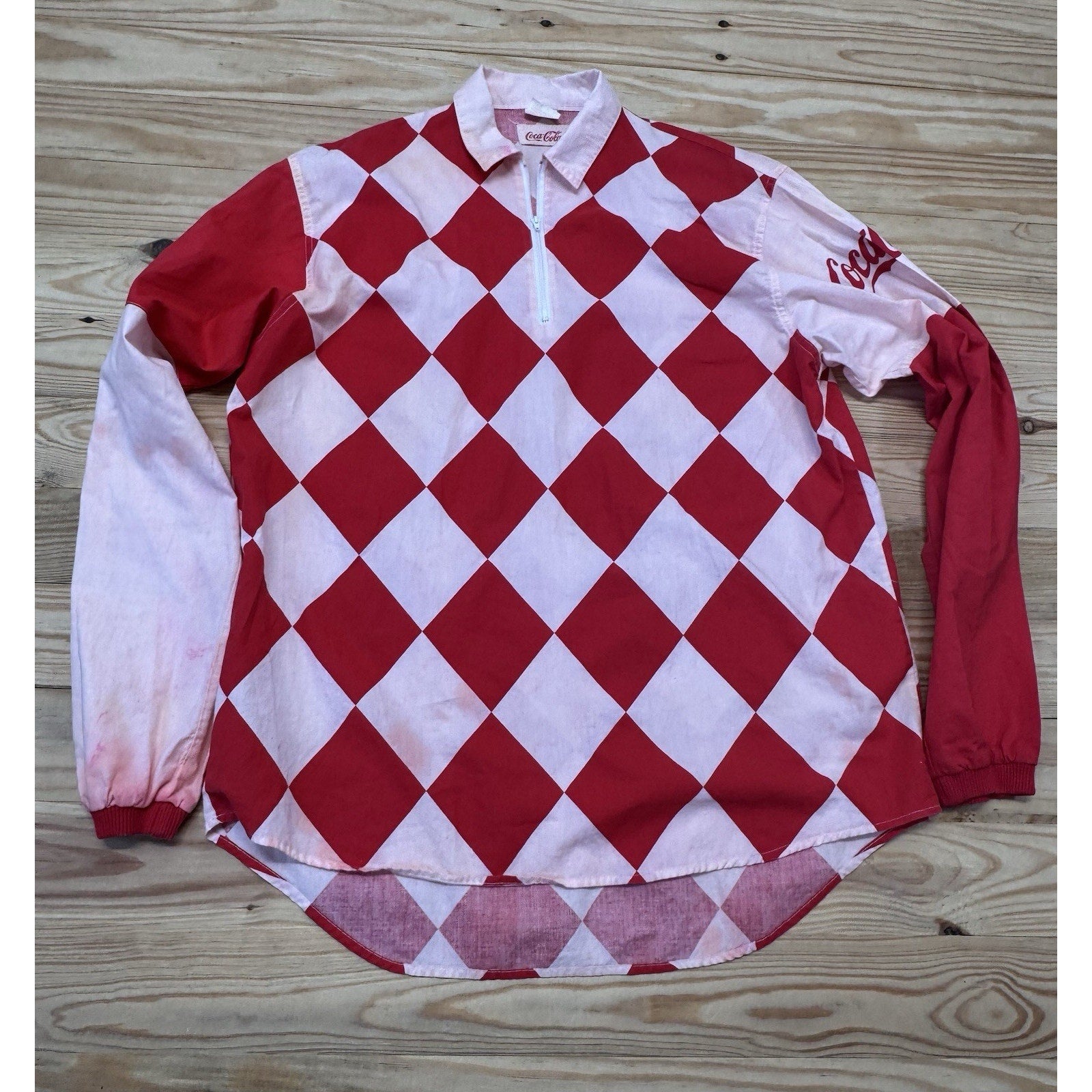Vintage Coca-Cola Horse Racing 100% Cotton Shirt 1/4 Zip Men’s Small Color Bled