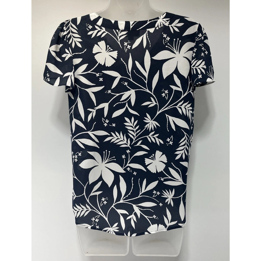 Loft Top Size Small Blue White Floral V-Neck Short Sleeve Blouse