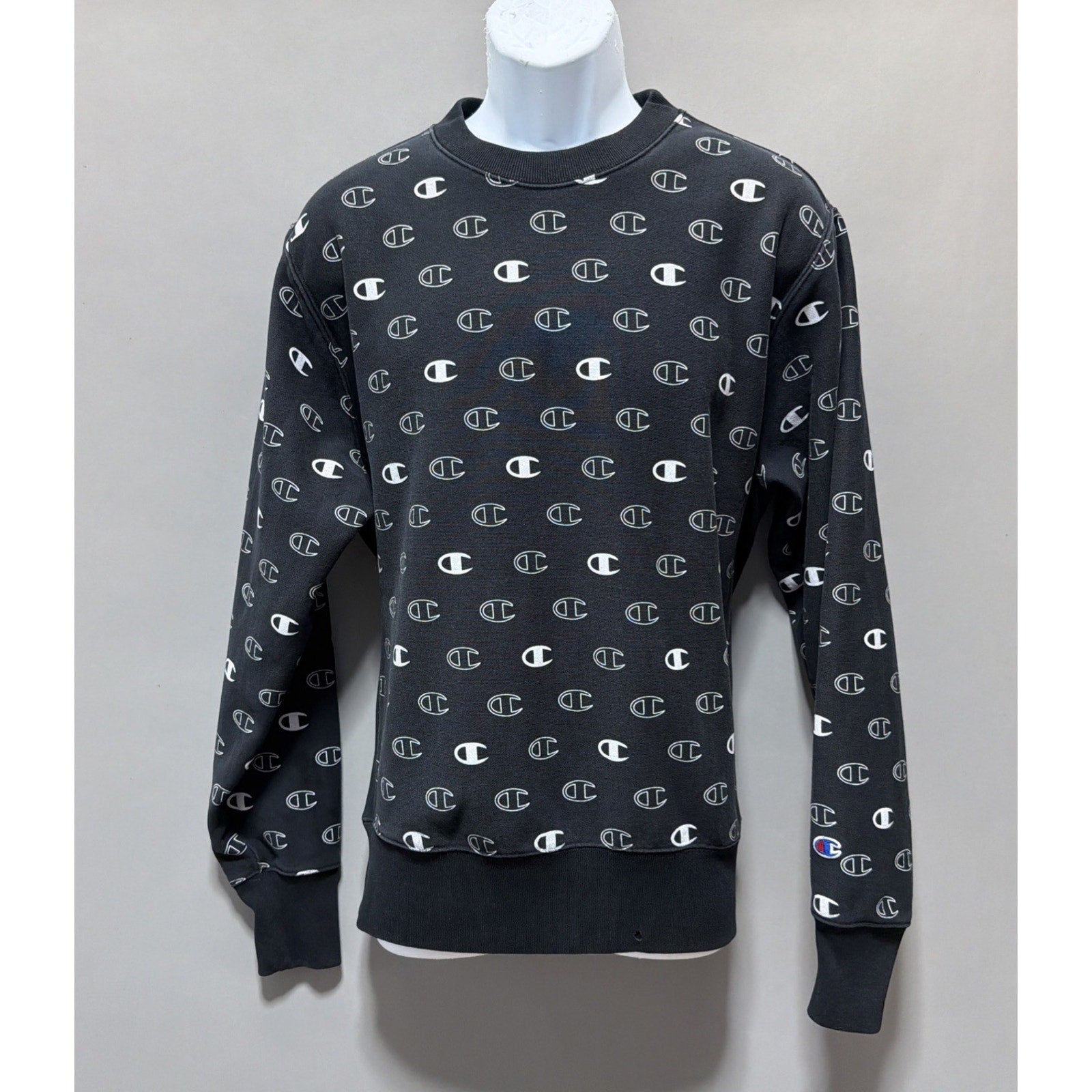 Champion Reverse Weave Sweatshirt Mens L Pullover Black All Over Print Logo