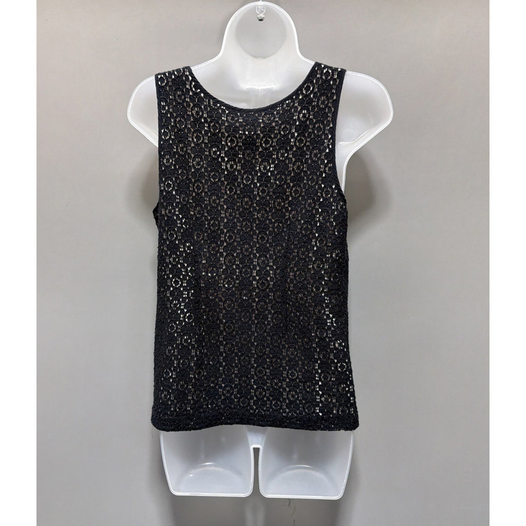 J Crew Womens 4 Black Crochet Lace Sleeveless Tank Top Lined Boho Overlay