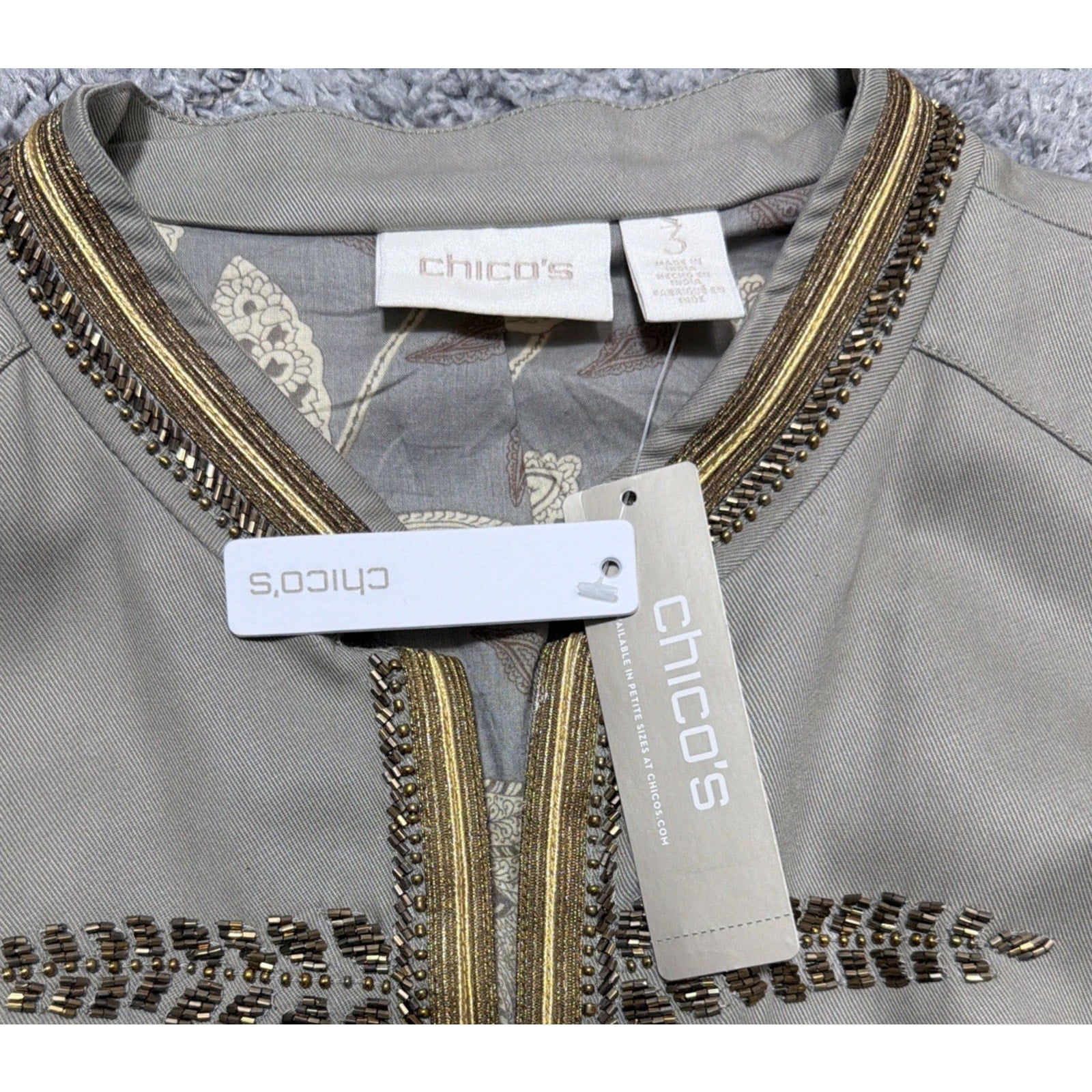 Chicos Novelty Sequin Embellished Military Style Jacket Size 3 New Msrp 159$