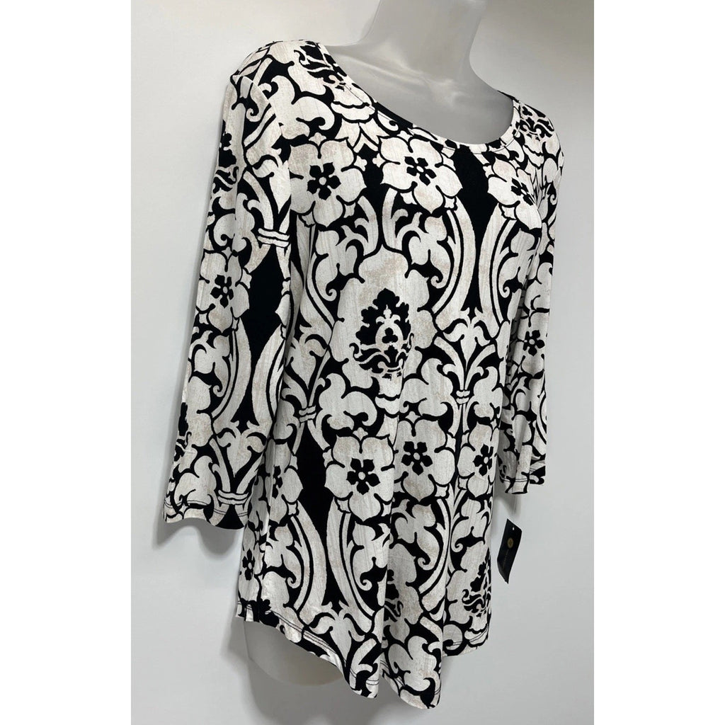 JM Collection Women’s Top Blouse Size Small White Black Floral 3/4 Sleeve