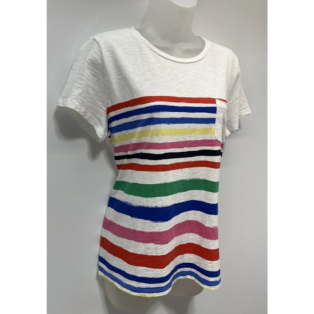 TALBOTS Woman SZ LP White 100% Cotton Multi Color Stripe Short Sleeve