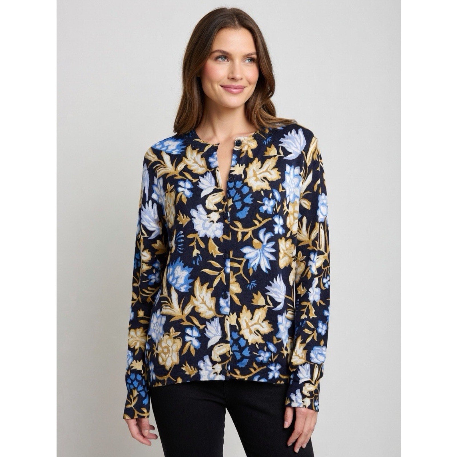 New Loft Size S Navy Blue Gold White Floral Print Button Front Cardigan Sweater