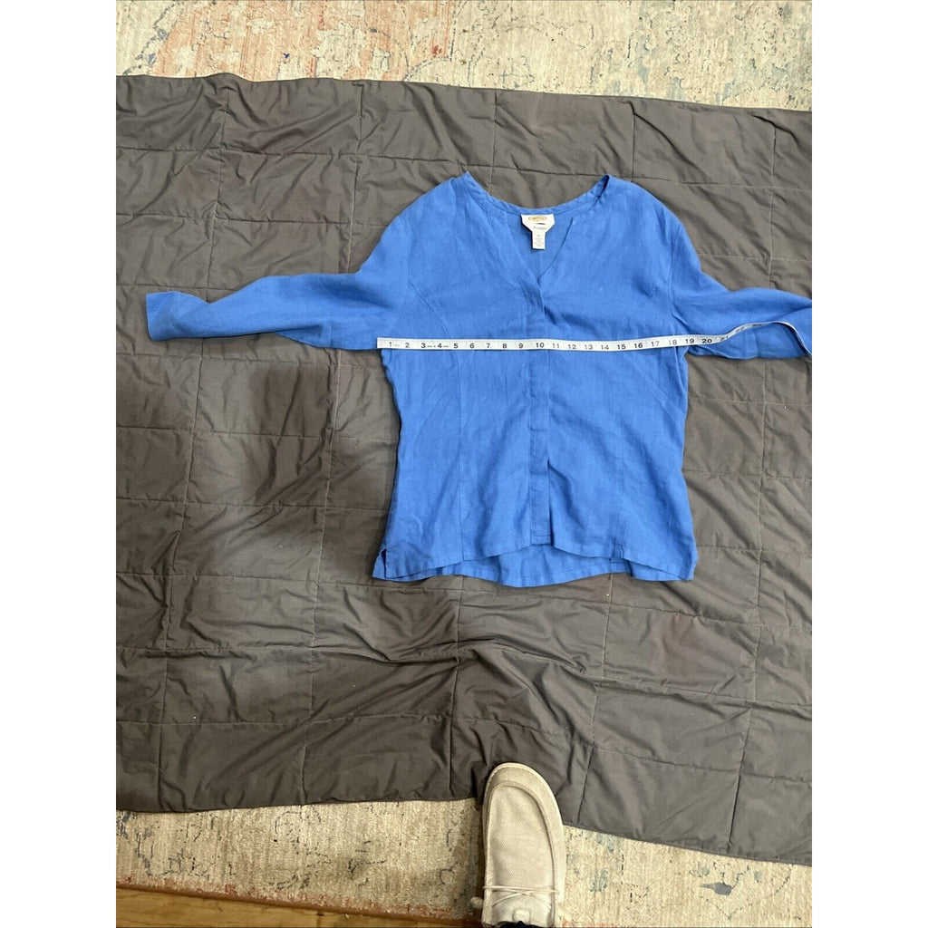 Talbots Sz 12 Irish Linen Blue Long Sleeve V Neck Button Down Blouse